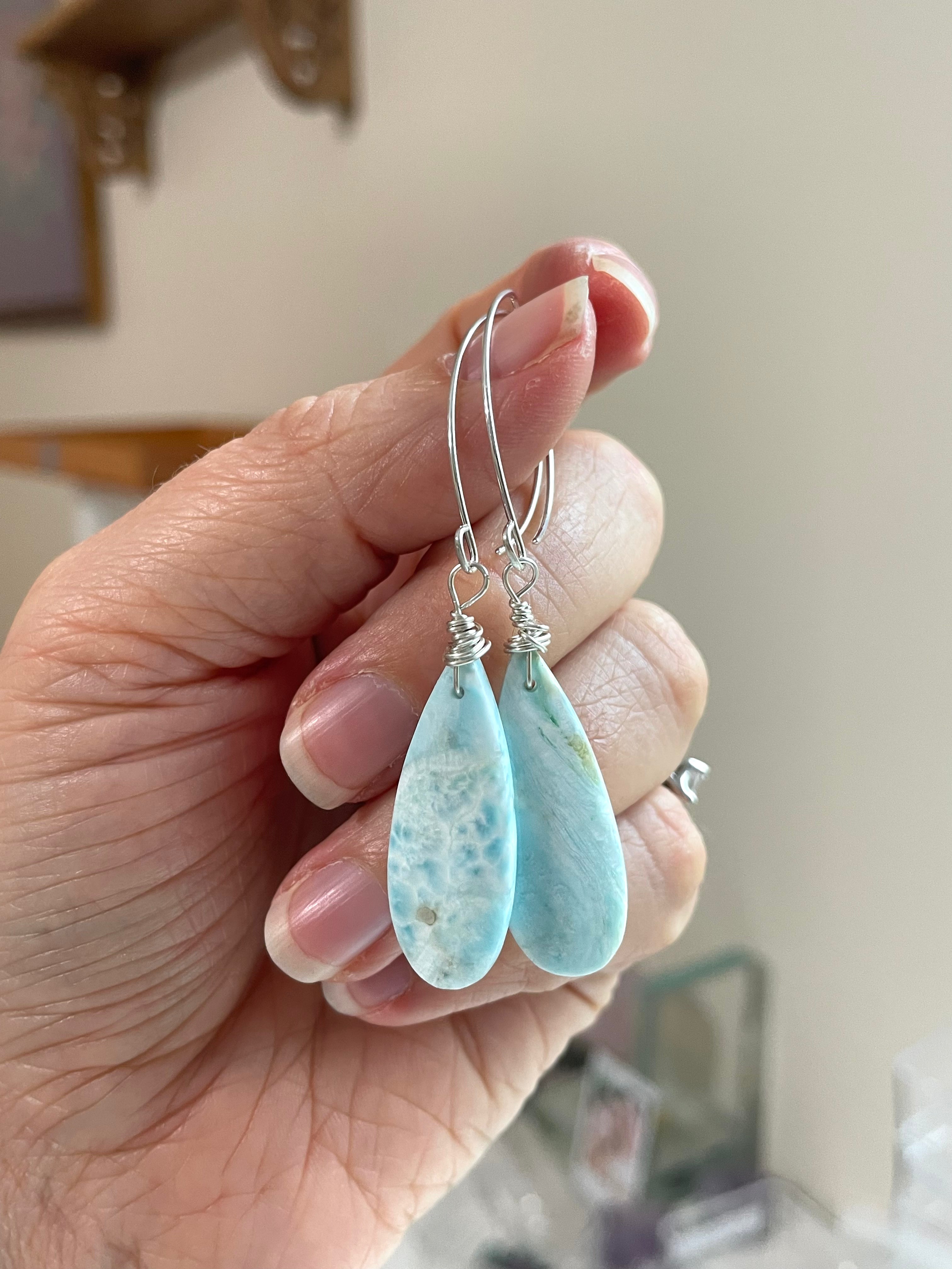 Long Larimar Earrings Dangle Sterling Silver – Handmade Blue Gemstone Jewelry for Women | Perfect for Weddings, Parties & Everyday Elegance