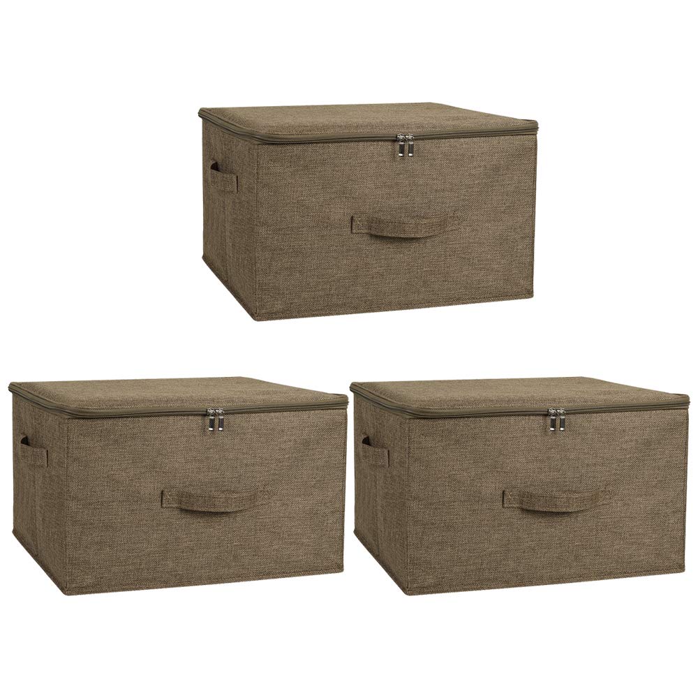 ANMINY 3-Piece Foldable Storage Bins with Zipper Lids - Large Closet Organizer Boxes for Clothes, Toys & Home Organization | Durable PP Plastic & Cotton Linen Fabric | Perfect for Bedroom, Nursery & Office (Coffee Color)