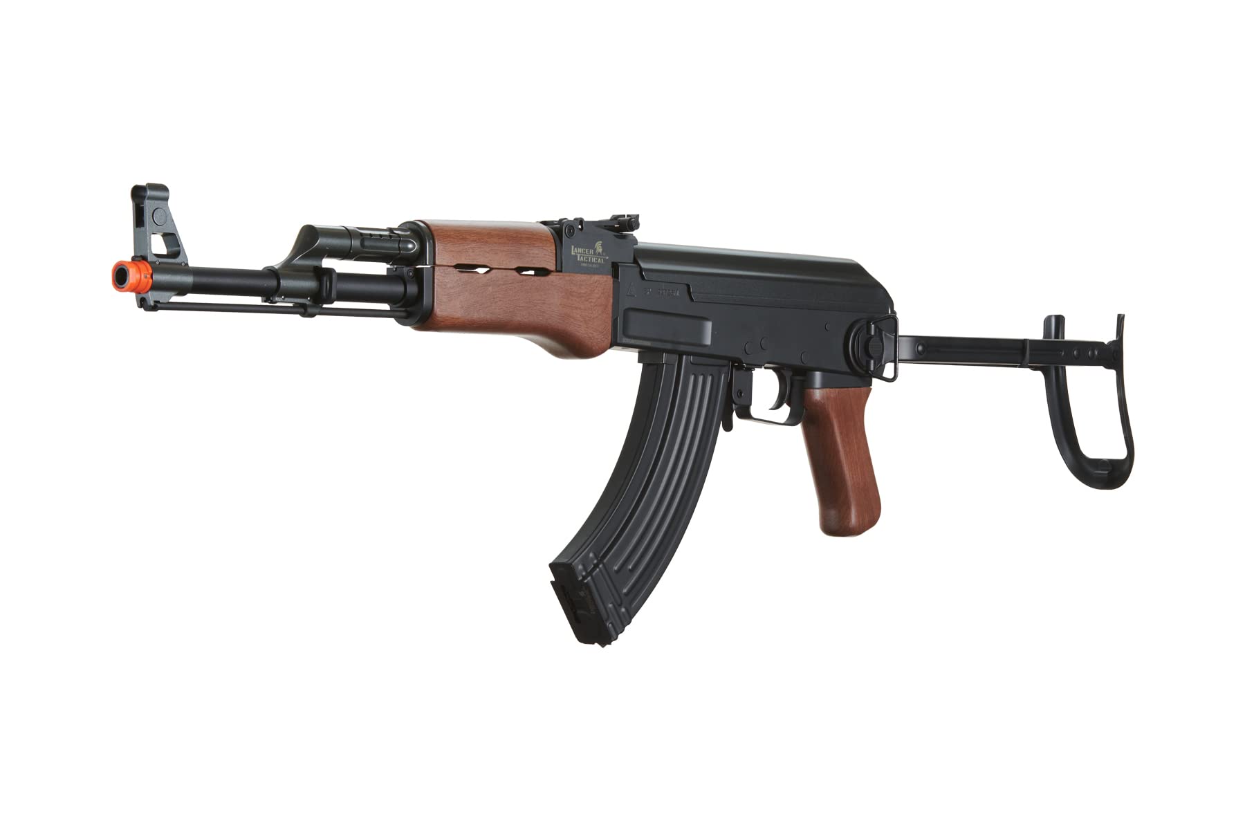 Lancer Tactical AK47 AEG Airsoft Rifle - Full Metal High FPS Electric Gun with Folding Stock, 600 Round Magazine, Battery & Charger Included (Black/Faux Wood) - Perfect for Milsim, Airsoft Battles & Tactical Training