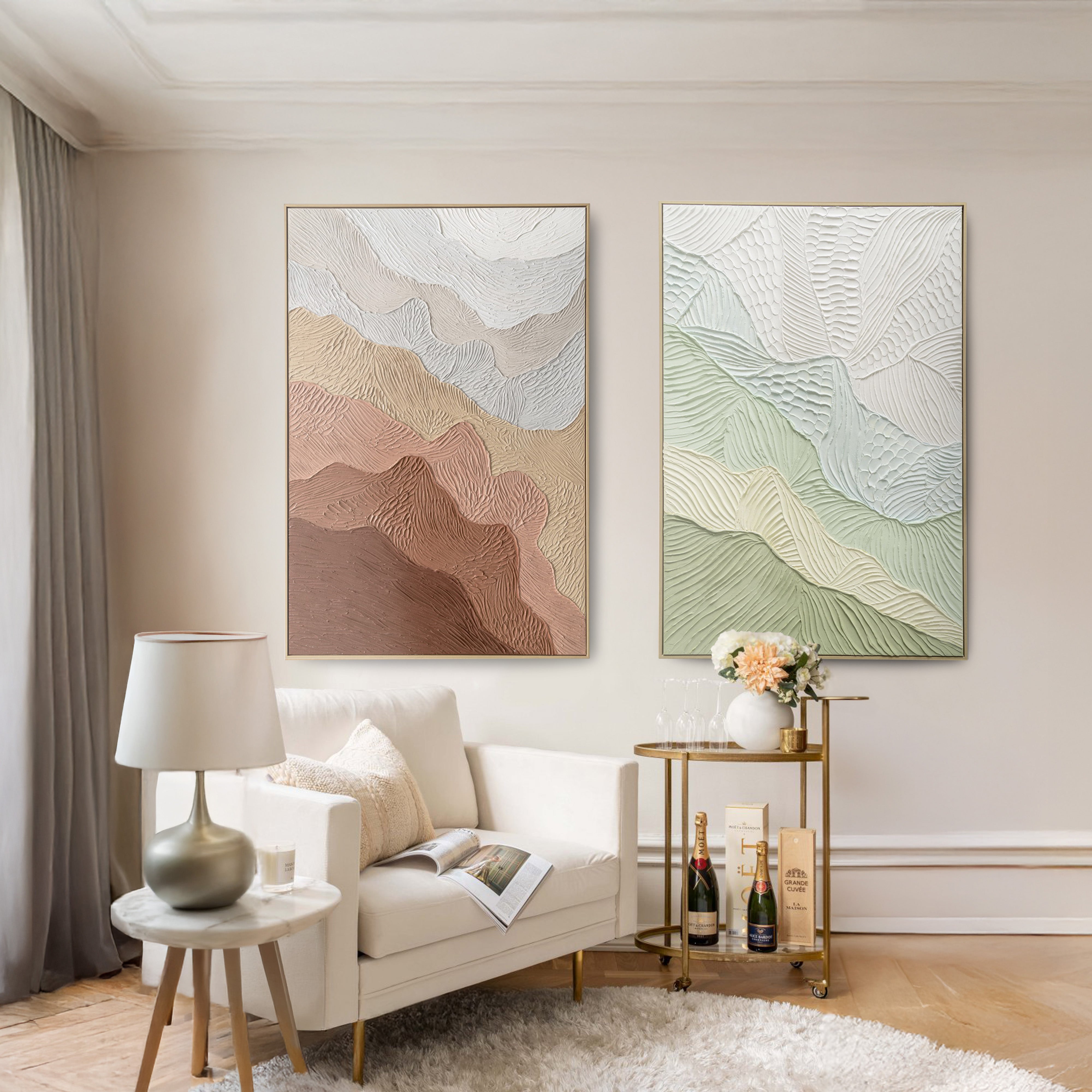 Urban Style Brushmarks Oil Painting Textured Ochre Ripples - Handmade Canvas Wall Art for Living Room, Bedroom & Office Decor