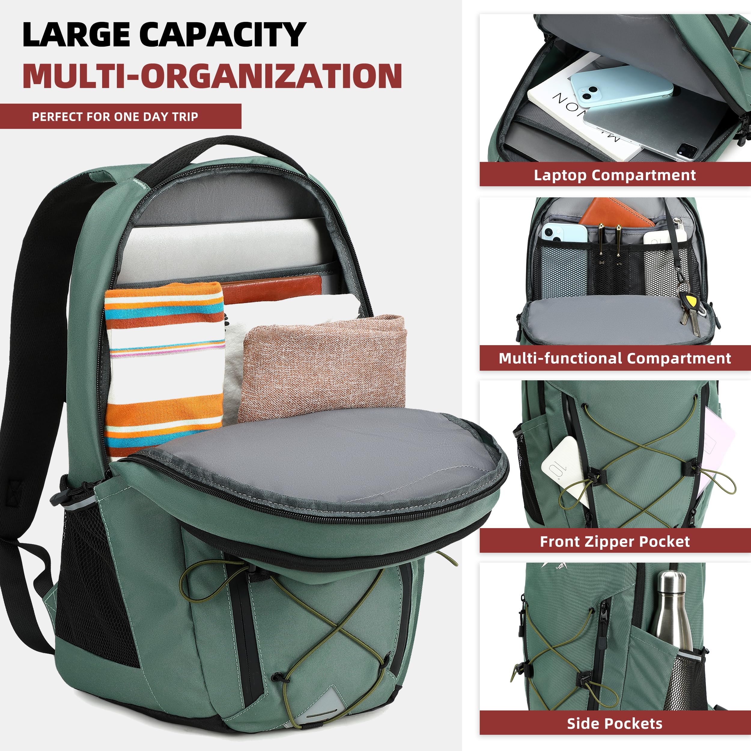 AO ALI VICTORY 15.6 Inch Laptop Backpack for Women & Men - Lightweight Water-Resistant College Bookbag, Travel Backpack for Hiking, Outdoor Sports & Daily Commute - Perfect for School, Work & Travel (Green)
