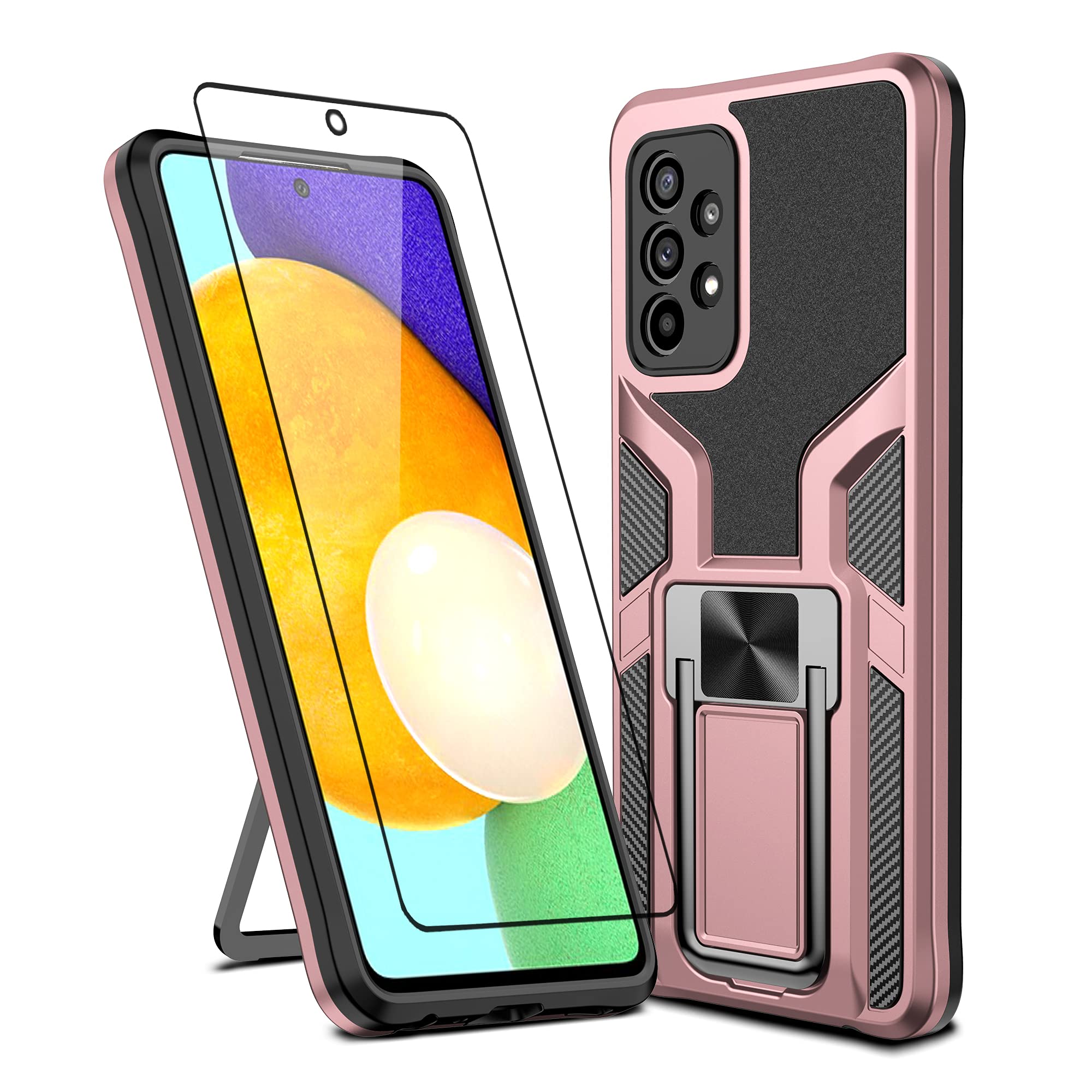 ASUWISH Samsung Galaxy A52 5G/4G Case with Tempered Glass Screen Protector & Kickstand - Shockproof Phone Cover with Ring Holder for Women & Men (Pink) - Perfect for Work, Travel, and Everyday Protection
