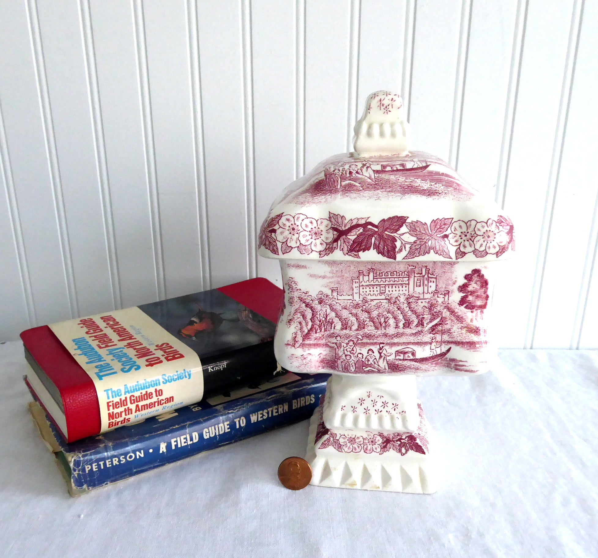 Vintage Red Transferware Pedestal Candy Jar with Lid - England 1930s Castles & Rural Scene Compote Dish | Antique Home Decor for Dining Room, Kitchen, or Gift Idea