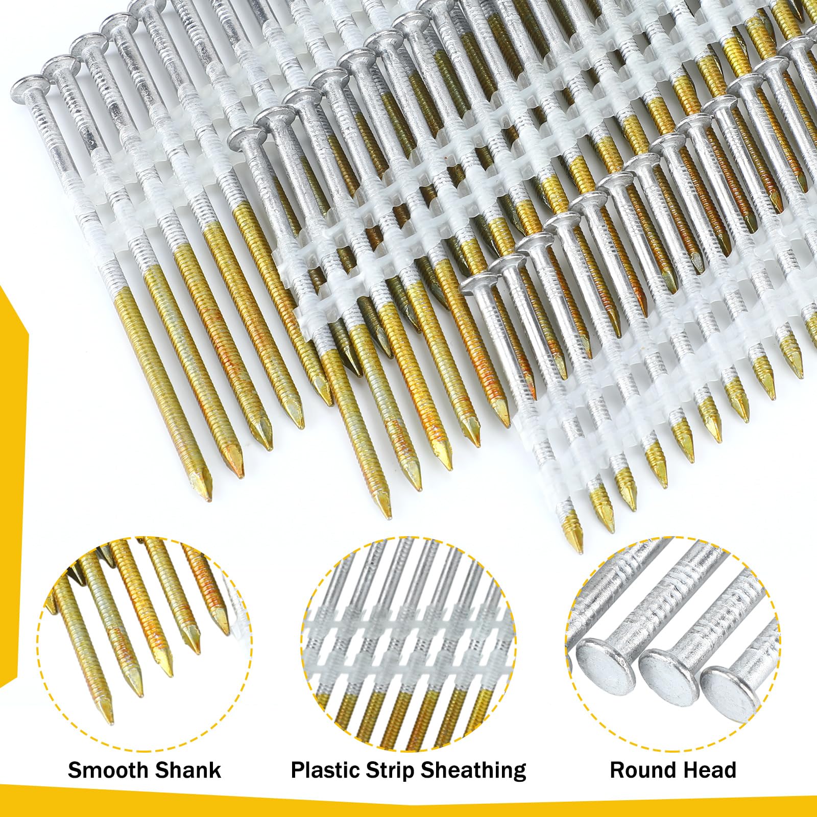 Therwen 1500-Count 21-Degree Galvanized Ring Shank Framing Nails - 2, 3, 3-1/2 Inch Flat D Head Nails for Pressure Treated Lumber - Plastic Row Fixed - Perfect for Roofing, Decking & Fencing Projects