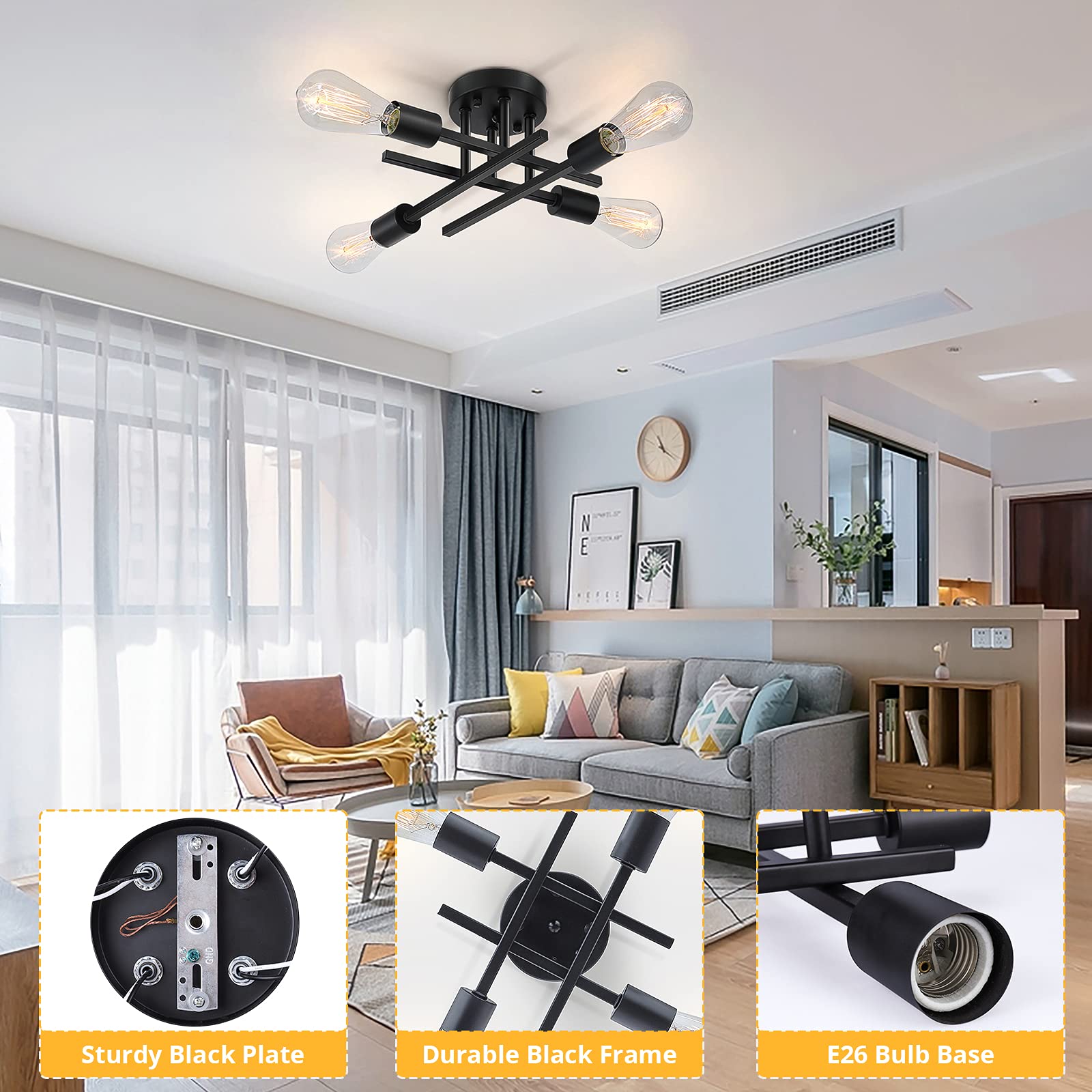 SunRider 2-Pack Industrial 4-Light Semi Flush Mount Ceiling Light Fixture, Matte Black Farmhouse Sputnik Chandelier - Modern Lighting for Kitchen, Hallway, Dining Room & Bedroom - Dimmable LED Compatible, Rustic Home Decor