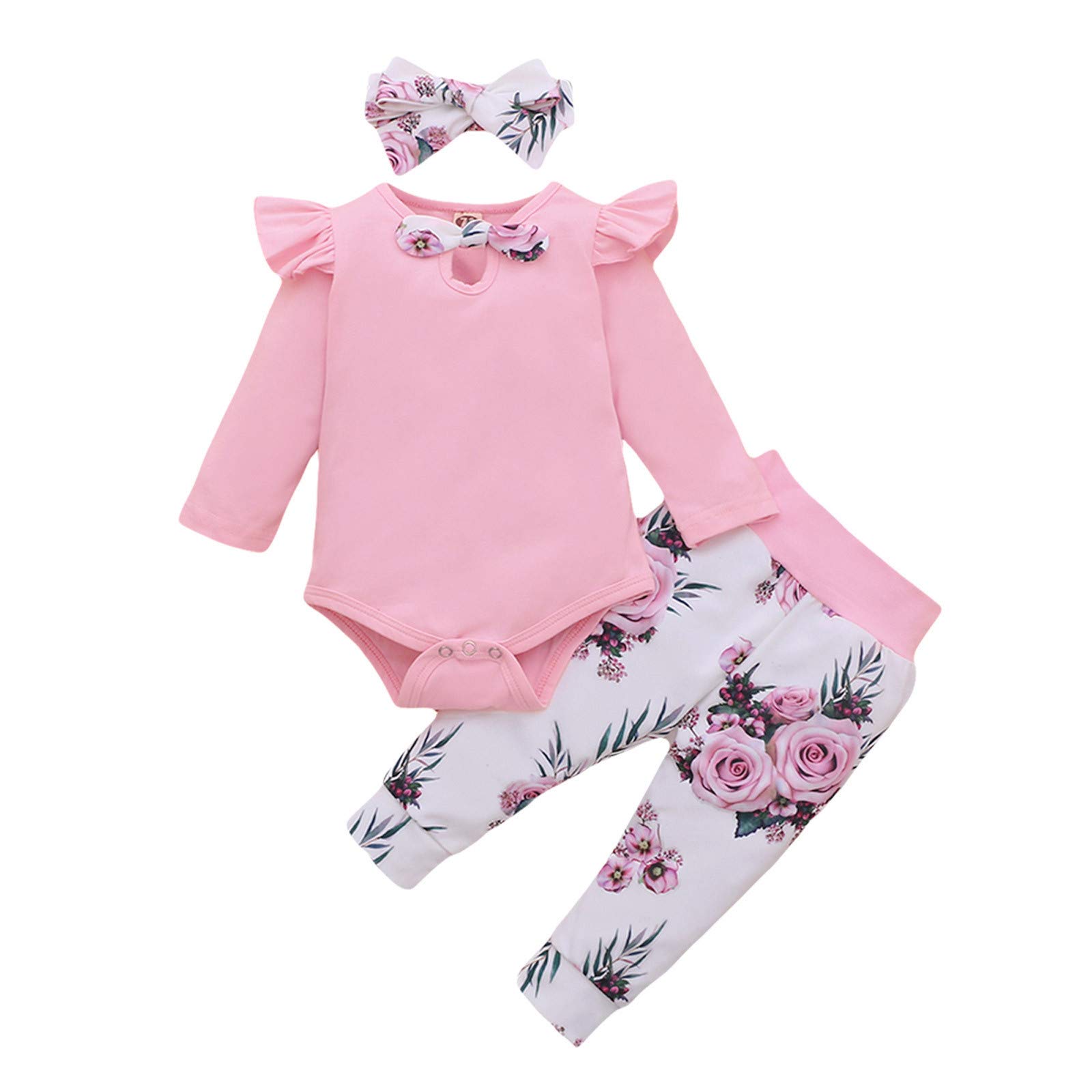 Newborn Baby Girl Clothes Set - Floral Print Romper with Bow Tie, Pants & Hairband Outfit | Perfect for Photoshoots, Parties & Daily Wear