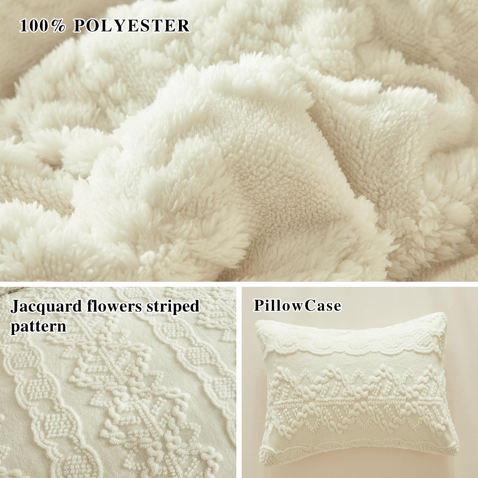 Luxury Flannel Fleece Sherpa Comforter Set Twin Size - Jacquard Boho Stripes Down Alternative Comforter White - Ultra Soft & Warm 3-Piece Bedding Set (1 Comforter + 2 Pillowcases) - Perfect for Winter Bedrooms, Guest Rooms & Cozy Cabin Retreats