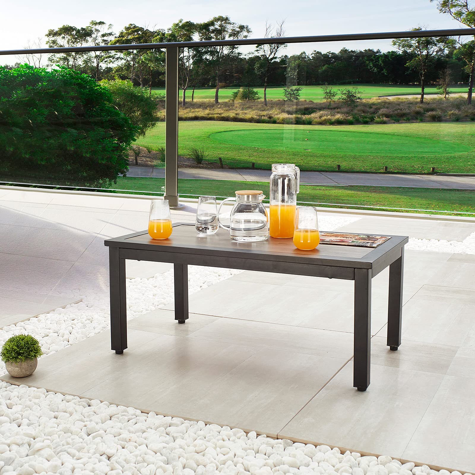 Outdoor Patio Coffee Table - Rectangle Metal Bistro Table with Wood-Like Aluminum-Plastic Top & Steel Legs for Garden, Yard, Porch - Perfect for Outdoor Dining, Lounging & Entertaining