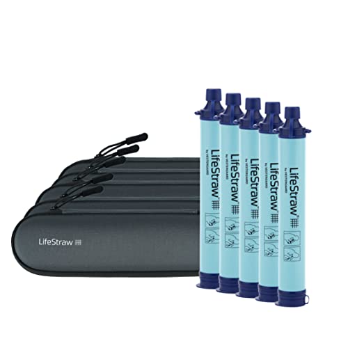 LifeStraw Blue Personal Water Filter with Gray Carry Case - 5 Pack for Family, Hiking, Camping, Travel & Emergency Preparedness | Portable Water Purifier for Outdoor Adventures & Survival Kits