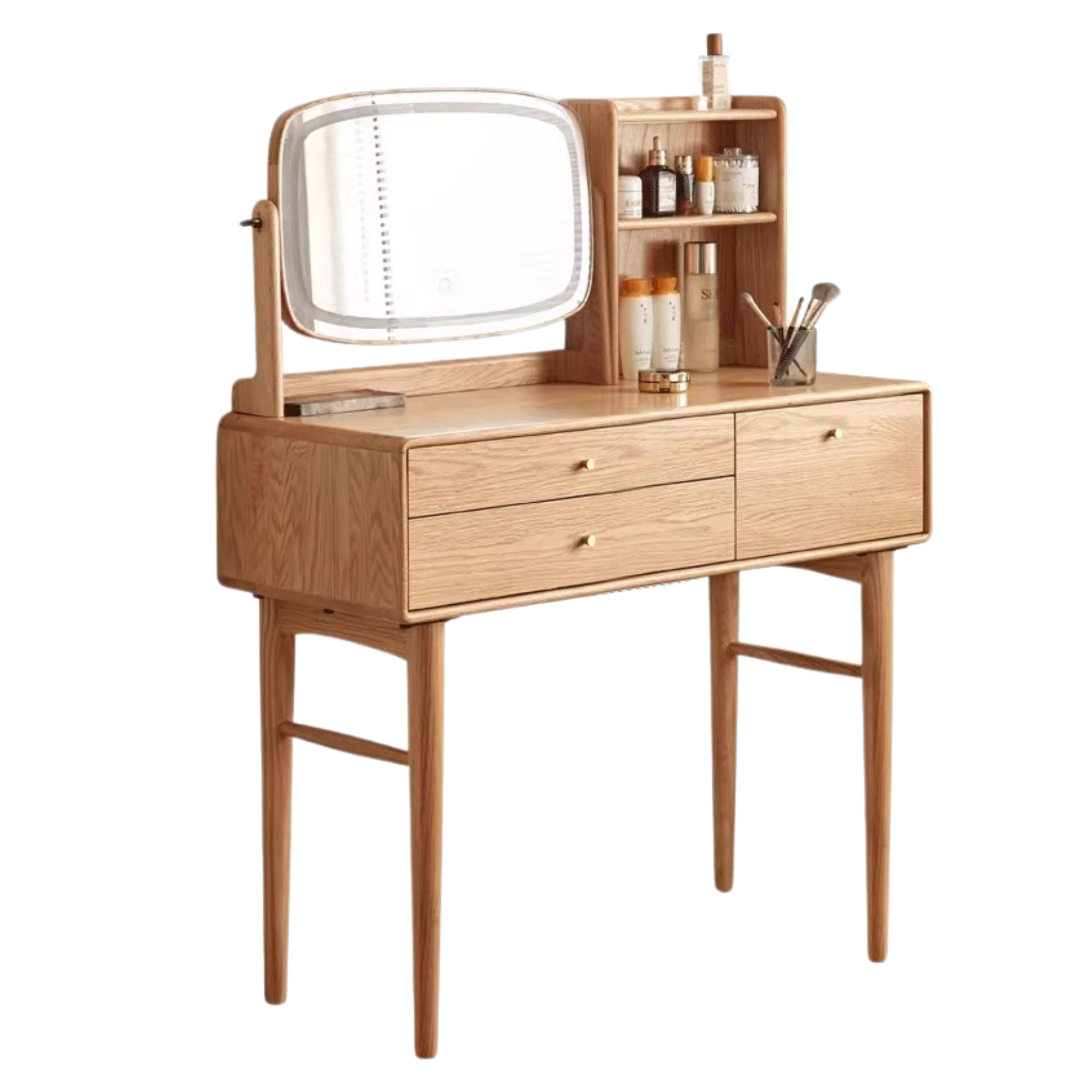 Solid Oak & Ash Wood Dressing Table with LED Lighted Makeup Mirror - Perfect for Bedroom Vanity, Makeup Application & Home Decor