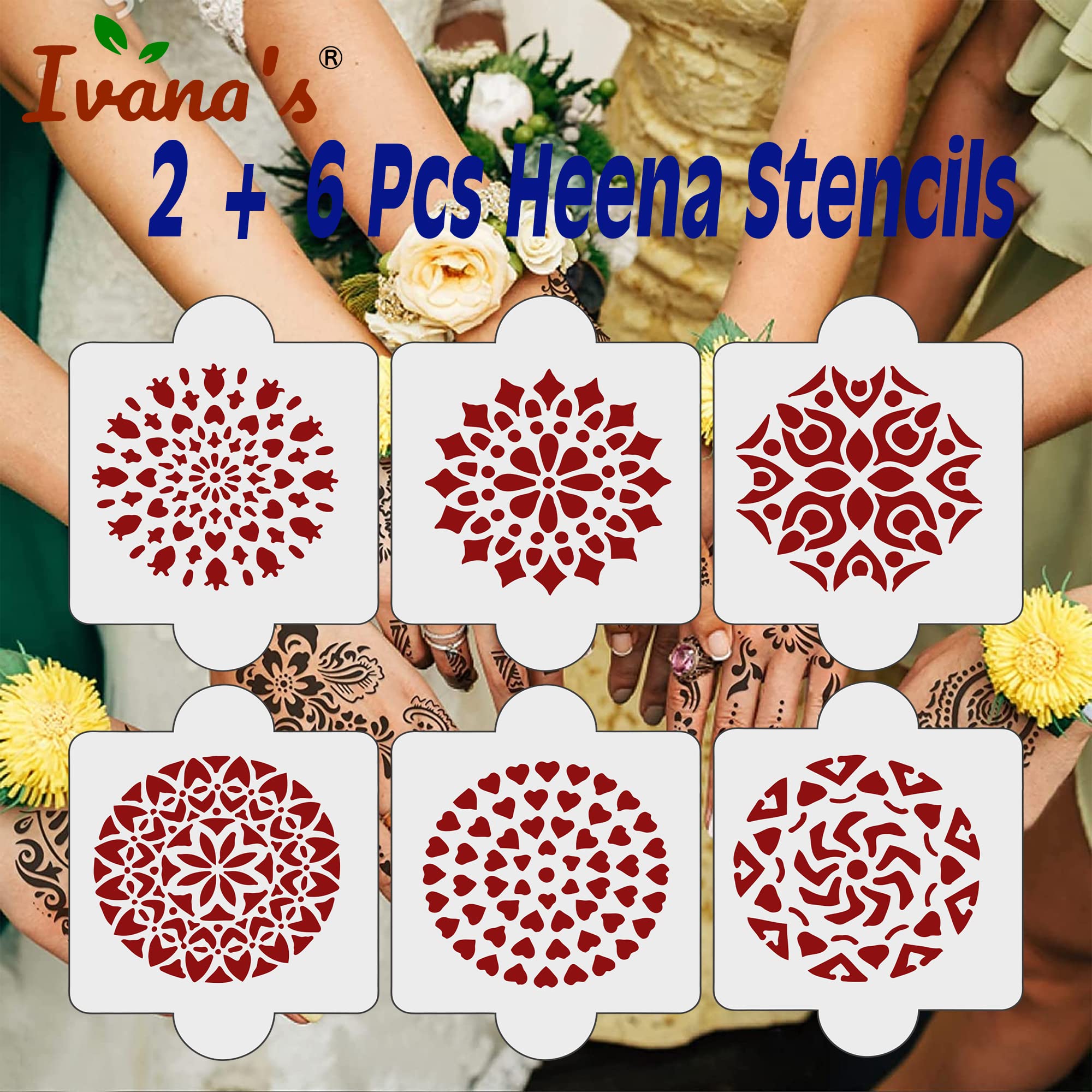 8 Pcs Reusable Henna Stencil Kit - 2 Henna Tattoo Stencils + 6 Laser Cut PVC Templates for Women, Girls & Kids | Easy DIY Mehndi Designs for Hands | Perfect for Weddings, Festivals & Special Occasions