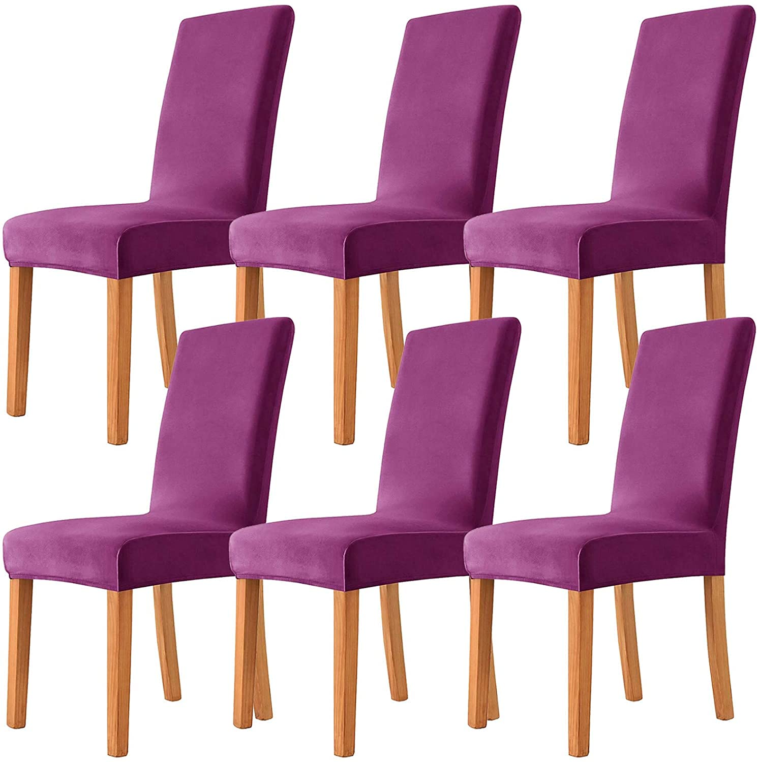 Velvet Stretch Dining Chair Covers - 6 Pack Washable & Removable Seat Protectors for Kitchen Chairs, Comfortable Slipcovers in Purple - Perfect for Home Dining Room, Restaurant, and Office Use