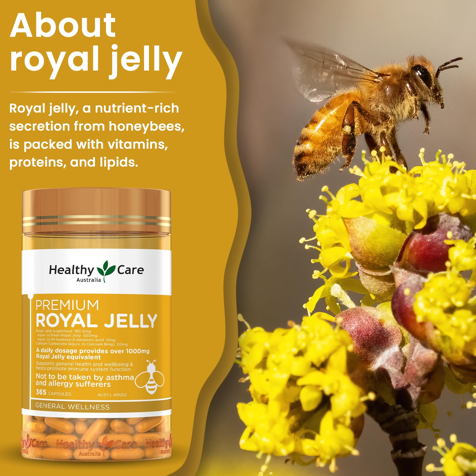 Healthy Care Royal Jelly 1000mg 365 Capsules - Premium Australian Made Bee Pollen Supplement for Immune Support & Energy Boost - Daily Wellness for Adults & Seniors