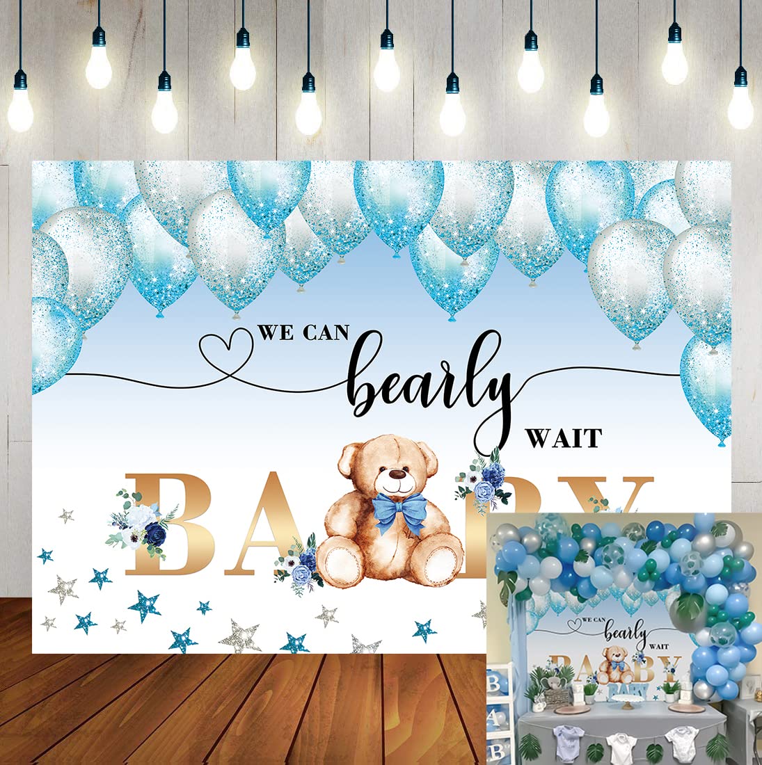 WR Bear Baby Shower Backdrop - Watercolor Blue Balloons & Stars Design - 7x5FT Photo Booth Background for Baby Shower, Boy Birthday Party, Cake Table Decorations (Perfect for Nursery Themes & Gender Reveal Events)