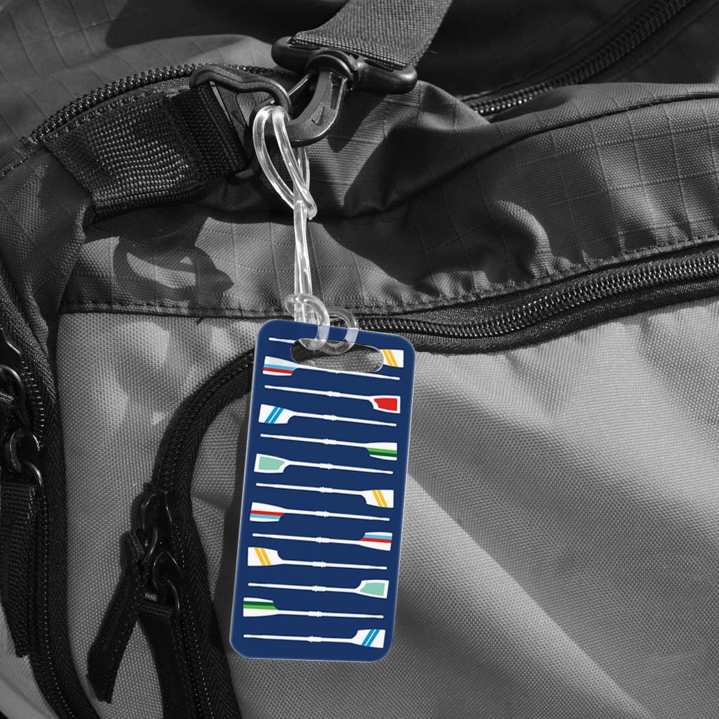 ChalkTalkSPORTS - Navy Blue Crew Luggage Tag with Oar Pattern - Personalized Custom Info on Back - Perfect for Travel, Sports Teams & Gifts