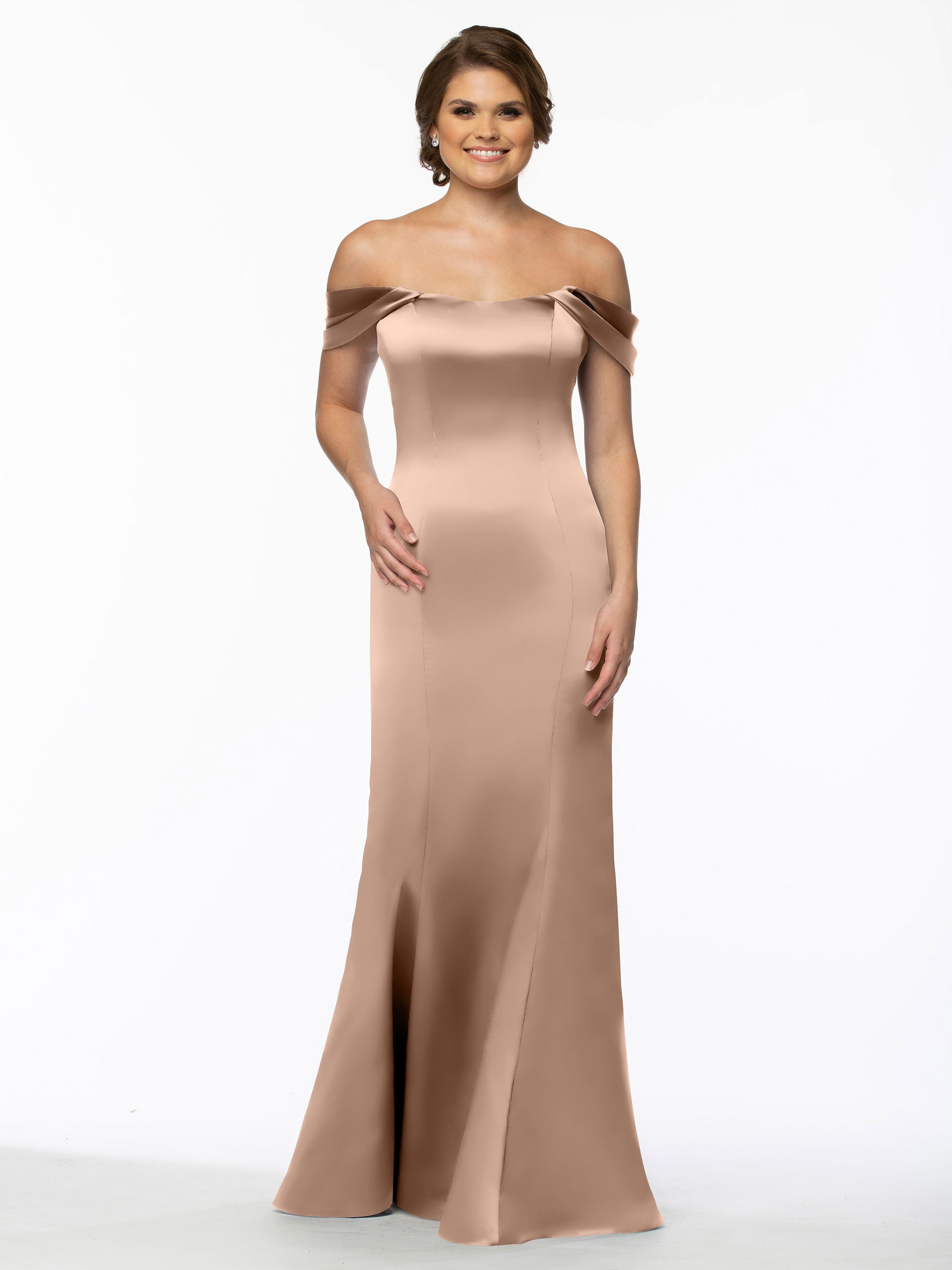 Elegant 80151 Fitted Satin Bridesmaid Dress with Off-The-Shoulder Sleeves - Perfect for Weddings, Formal Events & Special Occasions