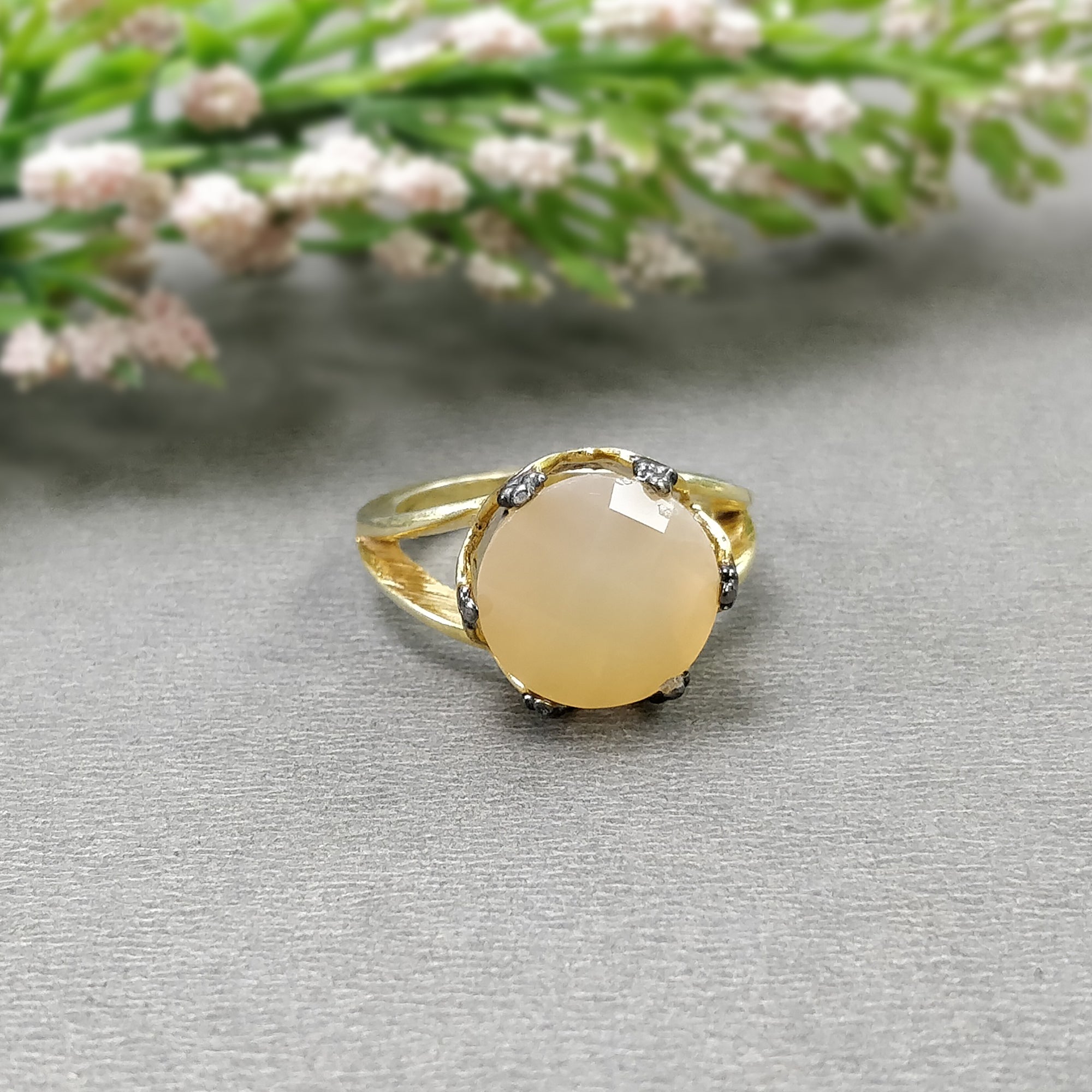 925 Sterling Silver Ring with Natural Yellow Moonstone - Round Checker Cut Prong Set Gold Plated Statement Ring Size 7US | Elegant Jewelry for Women, Perfect for Weddings, Parties & Everyday Wear