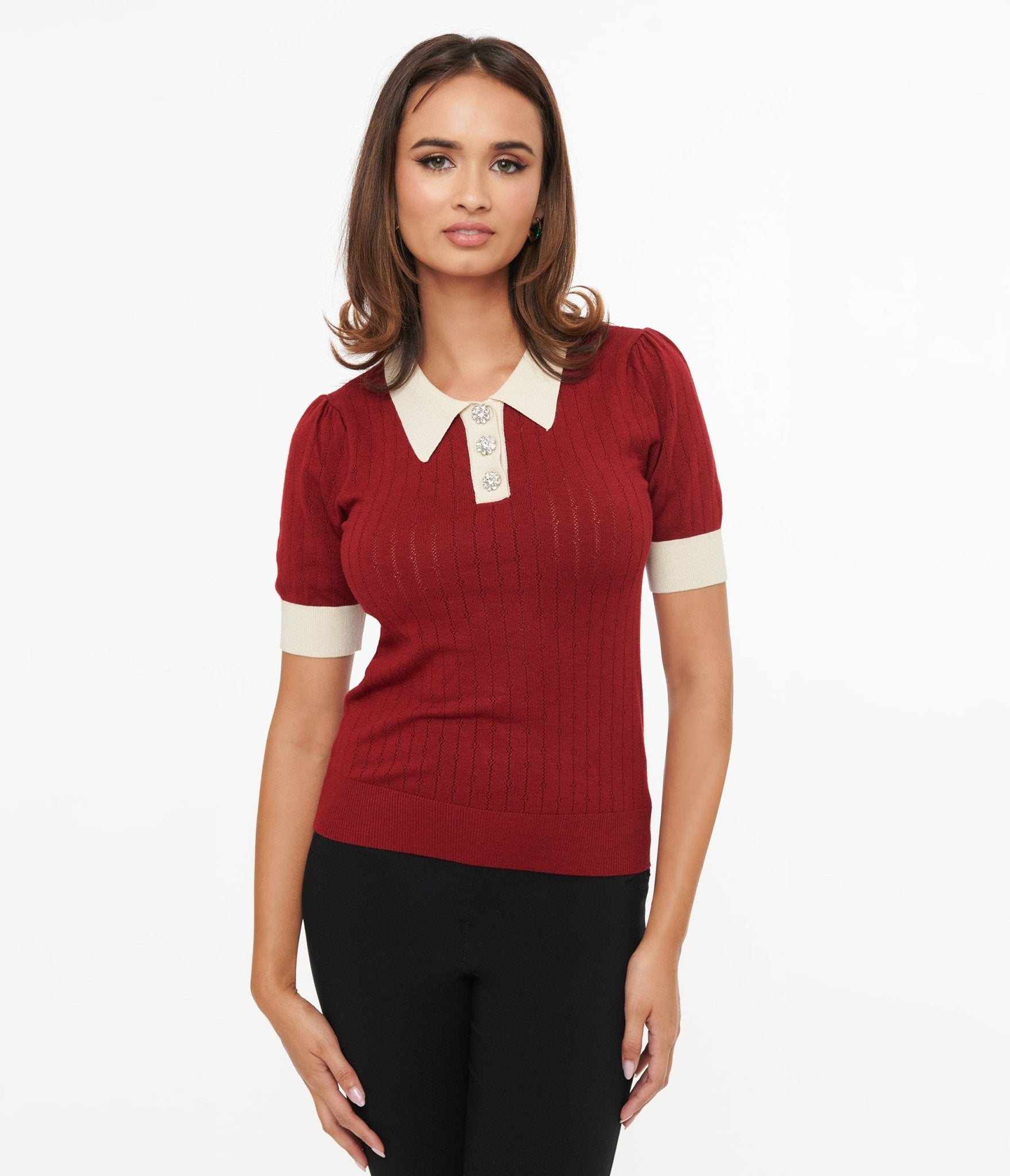 Vintage 1950s Burgundy Sweater with Rhinestone Buttons - Elegant Retro Pullover for Women | Perfect for Holiday Parties, Date Nights & Vintage Fashion Lovers