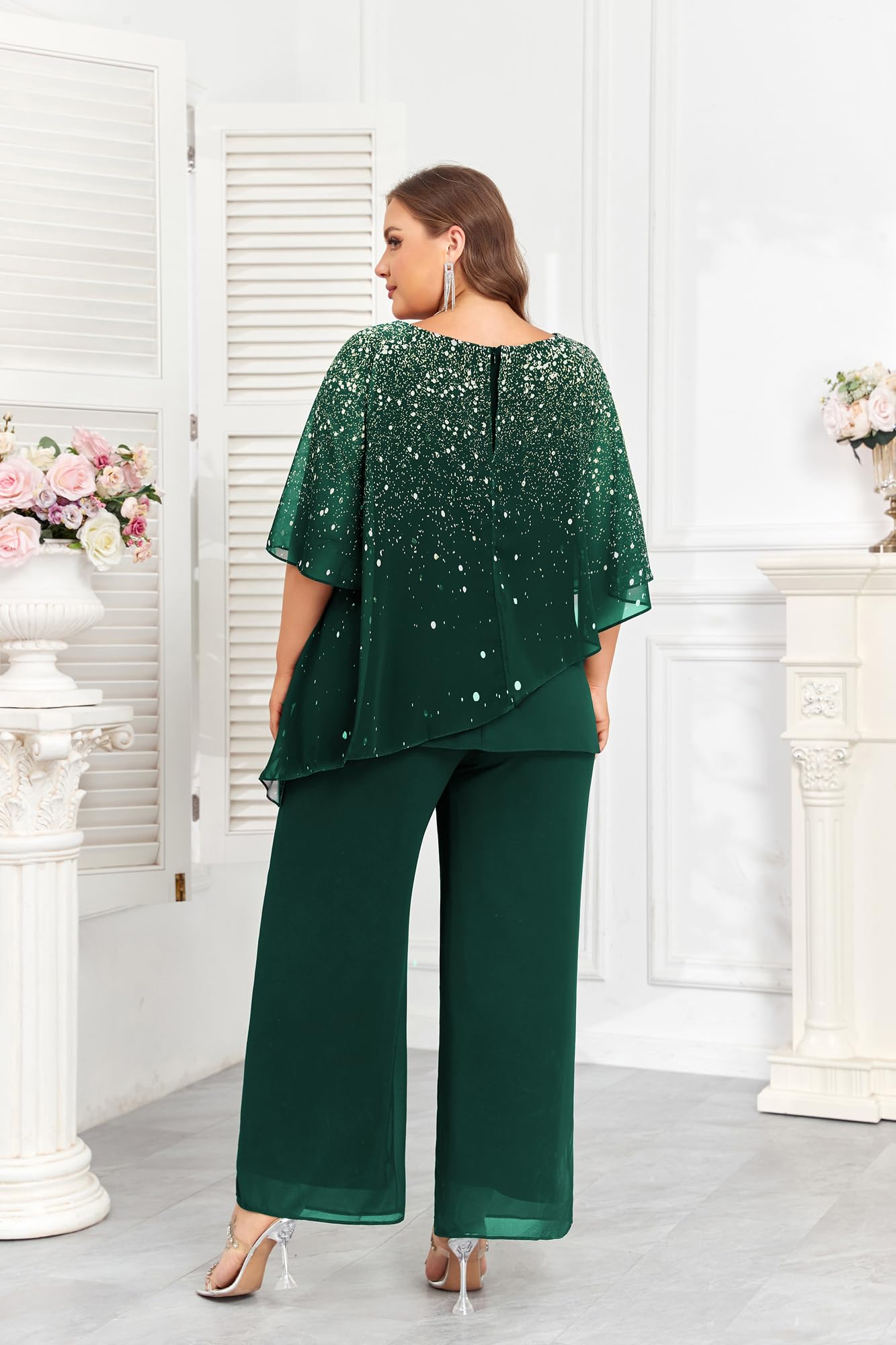 Hanna Nikole 2024 Plus Size Mother of Bride Pant Suits - 2 Piece Ruffle Chiffon Set with Gradient Print for Wedding Guest Outfit - Perfect for Formal Events, Receptions & Special Occasions