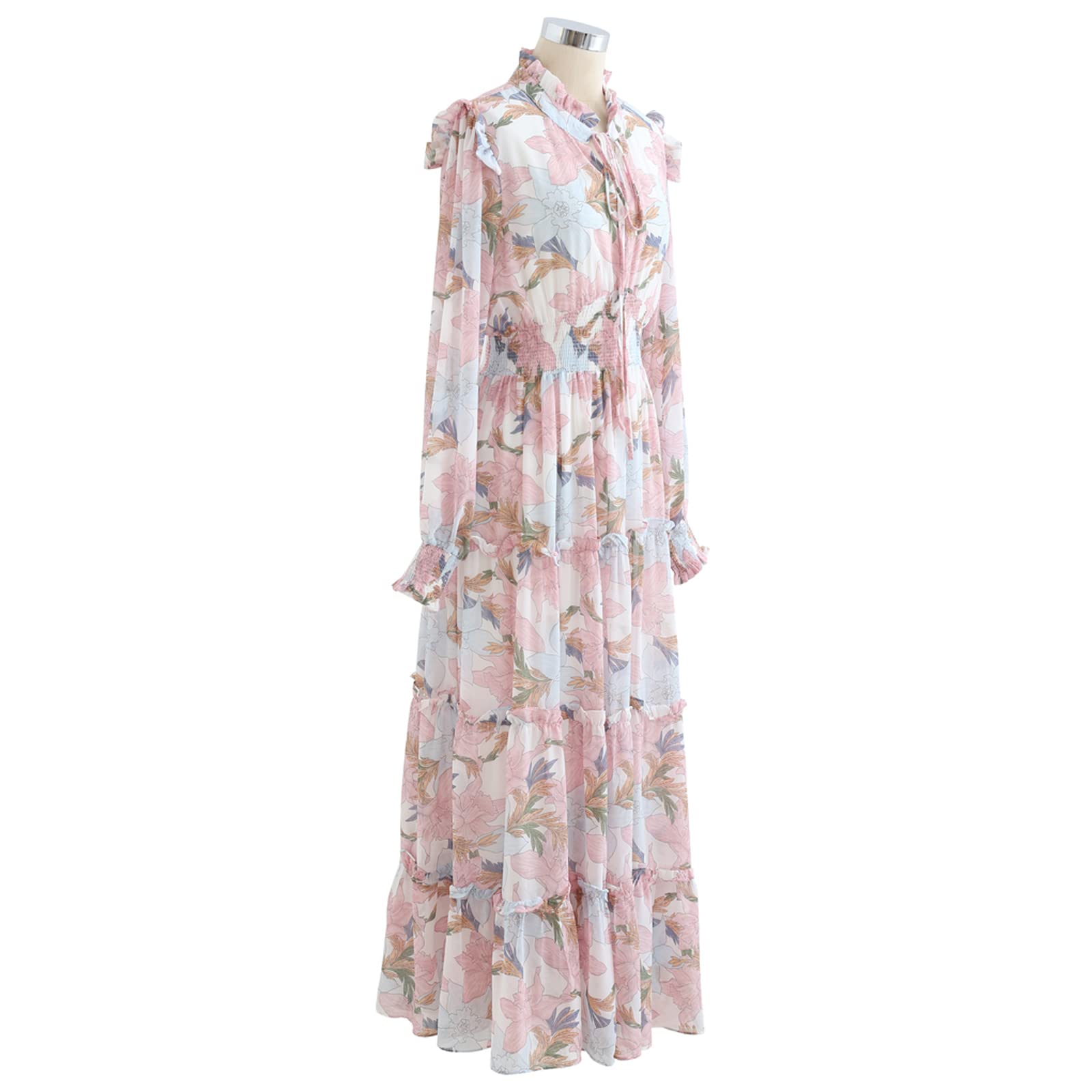 CHICWISH Women's Floral Print Chiffon Maxi Dress with Self-Tie V-Neck - Elegant Pink Lily Design for Summer Weddings, Beach Vacations & Special Occasions
