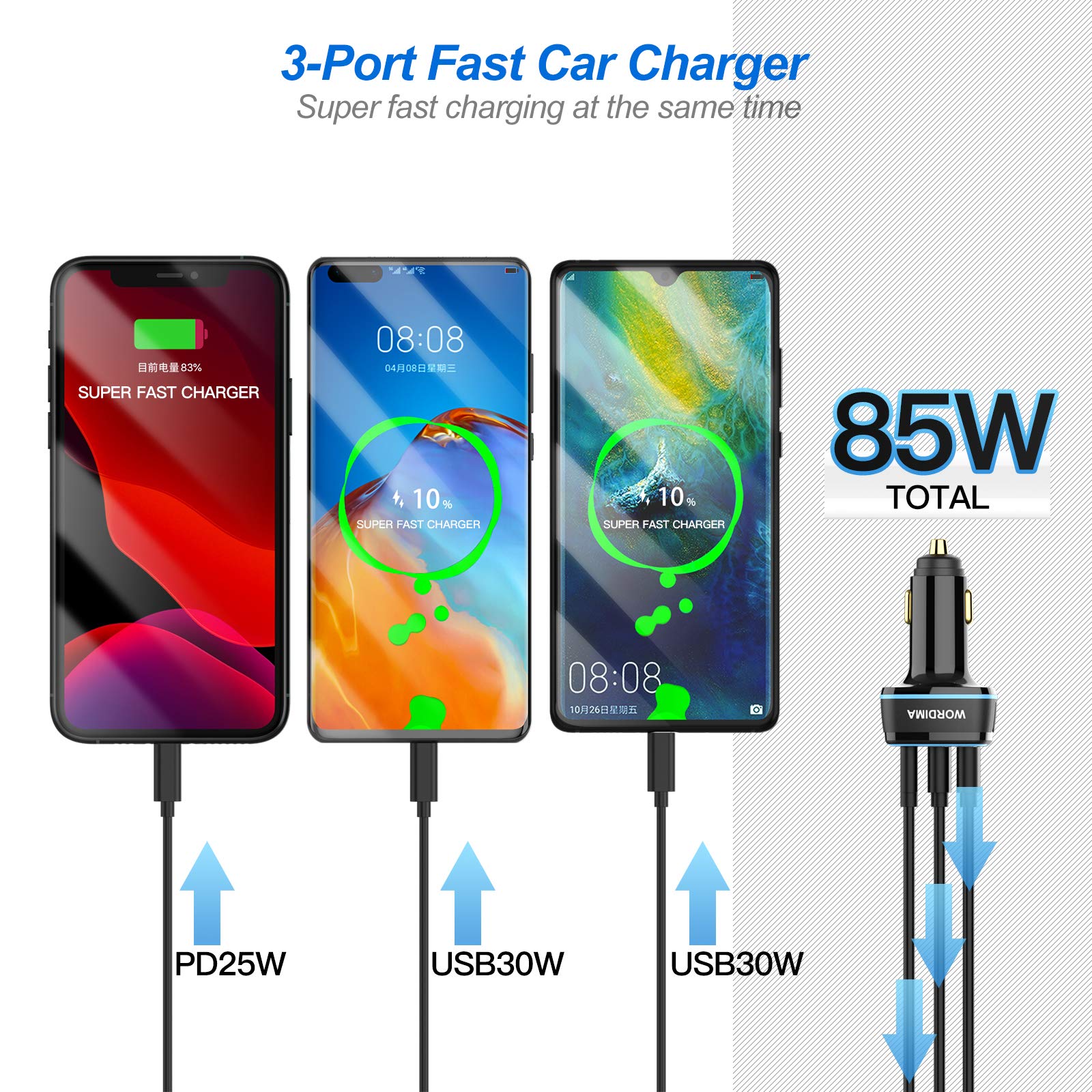 85W 3-Port Fast Car Charger with USB C - WORDIMA Cigarette Lighter Adapter for iPhone 15/14/13/12 Pro Max, iPad Pro, Google Pixel, OnePlus, Samsung Galaxy S21 & MacBook Pro/Air - Perfect for Road Trips & Multi-Device Charging