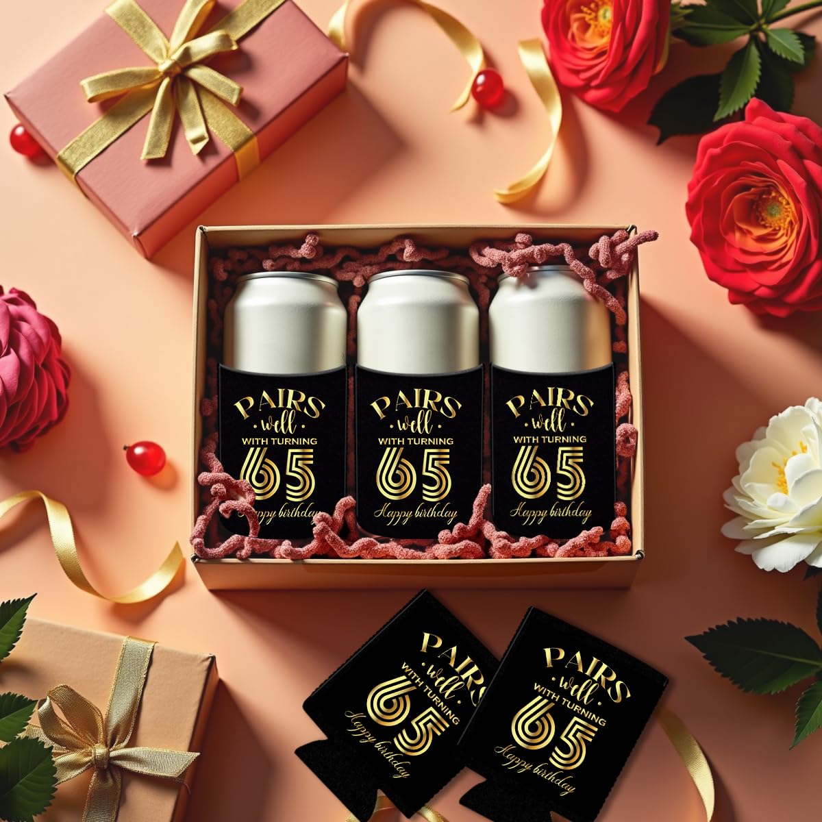 65th Birthday Gifts for Women & Men - Funny 65 Year Old Birthday Present Ideas - Happy Anniversary Party Decorations - Insulated Beverage & Beer Can Cooler Sleeves - Perfect for Retirement Celebrations, Milestone Parties & Backyard BBQs