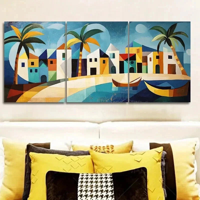 3-Piece Caribbean Houses and Boats Painting Wall Art Set - Framed Canvas 50x70cm - High Quality Print - 100% Australian Made - Ready to Hang - Perfect for Living Room, Bedroom, or Office Decor