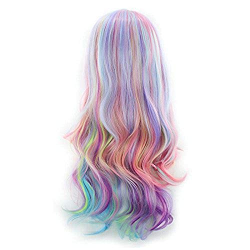HitHopKing Purple Long Curly Synthetic Cosplay Wig for Women - Anime Gradient Rainbow Ice Cream Color Costume Party Wig - Perfect for Halloween, Cosplay Events, Anime Conventions & Themed Parties