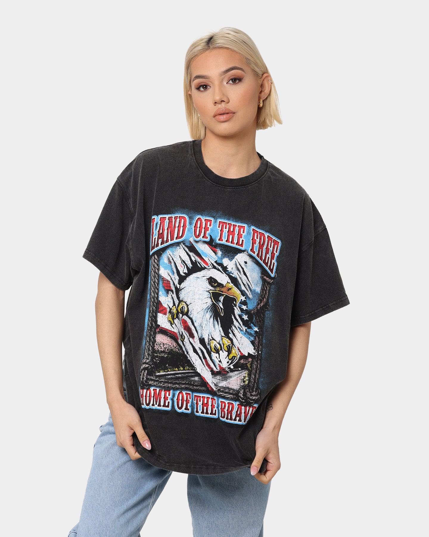Vintage American Thrift Land Of The Free T-Shirt - Distressed Black Wash Style for Casual Wear & Patriotic Outfits