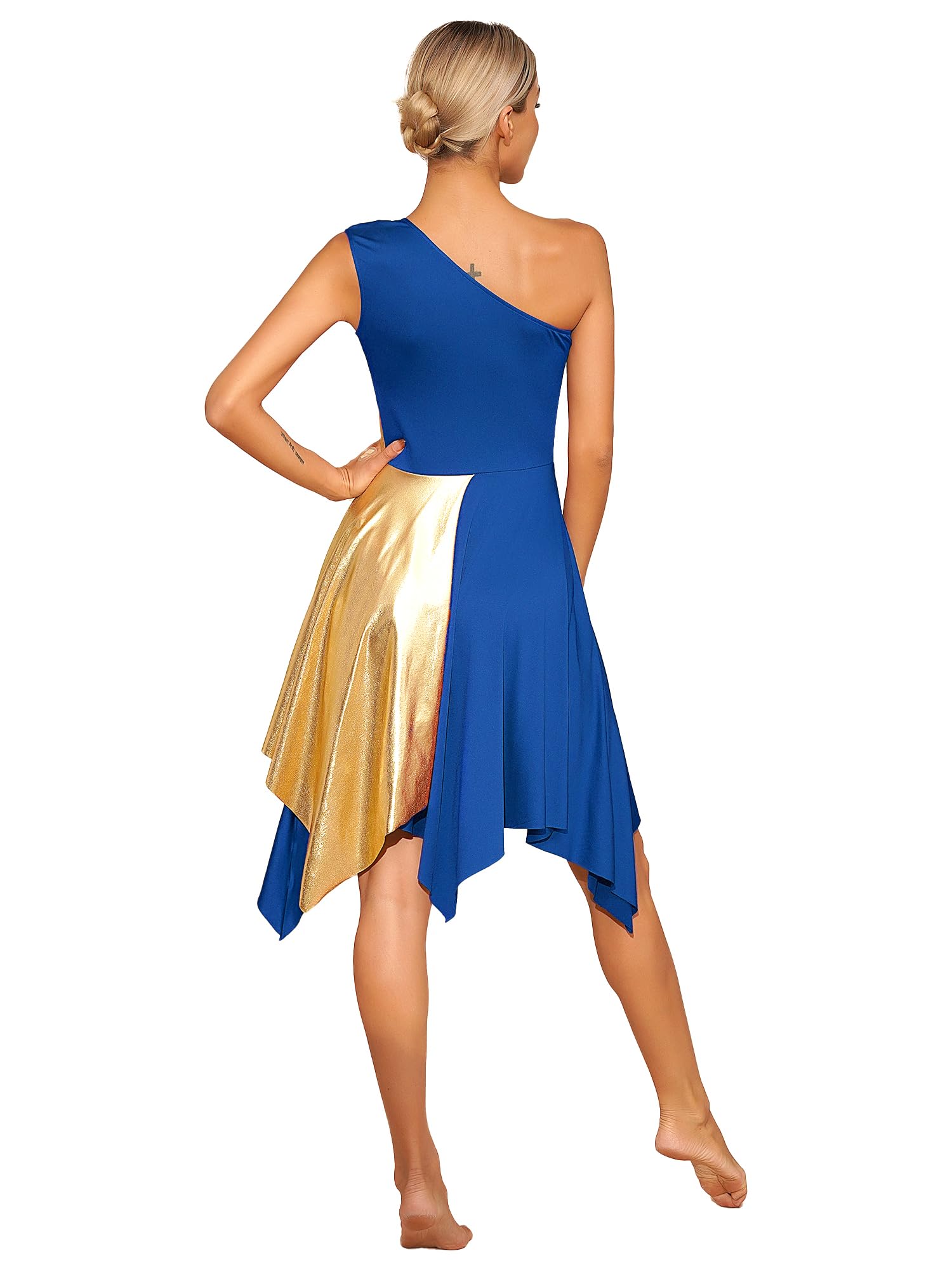 JEYPINMI Women's One Shoulder Color Block Worship Dance Dress - Liturgical Praise & Lyrical Dance Costume for Church Performances, Choir Outfits and Spiritual Celebrations