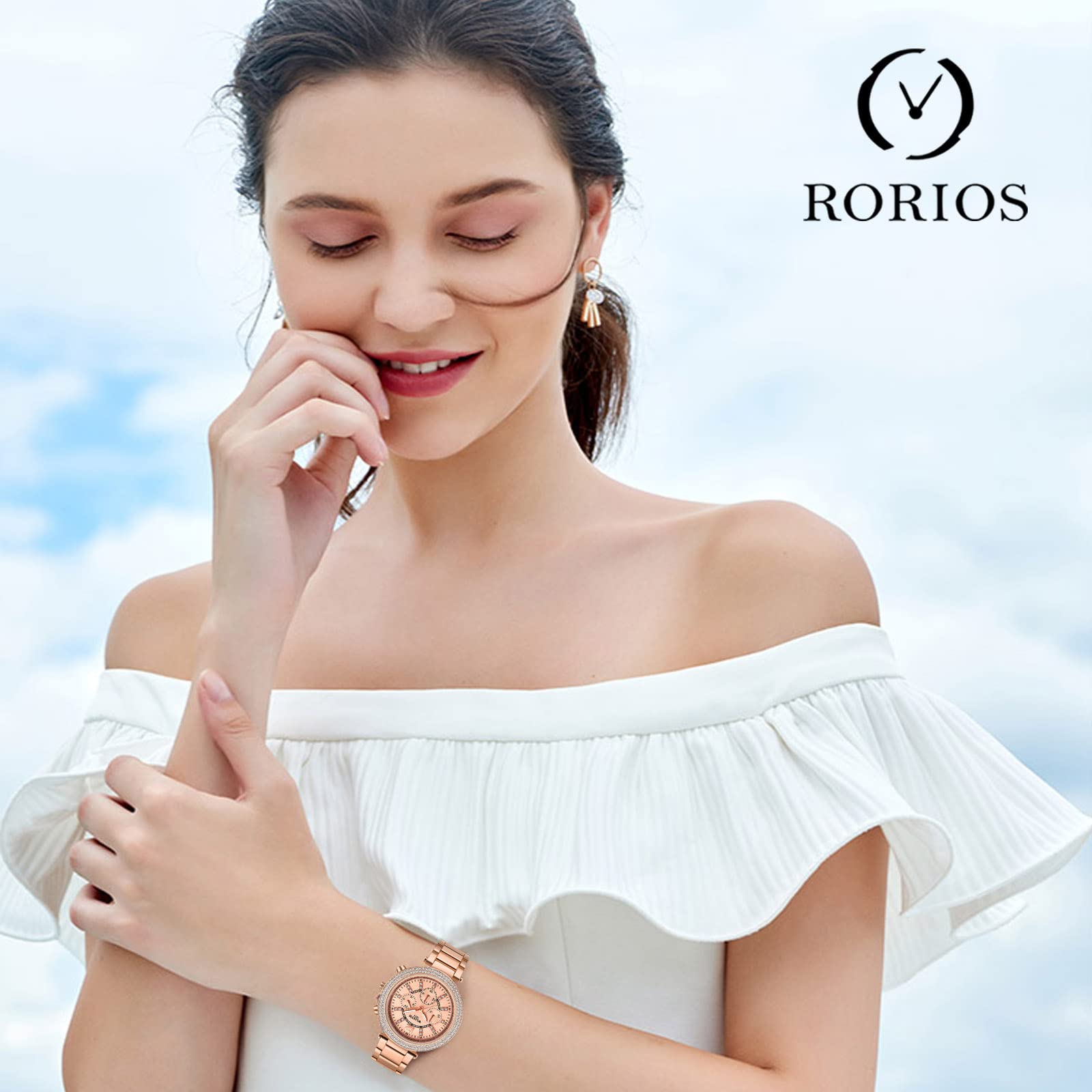 RORIOS Women's Waterproof Watch - Stainless Steel Strap with Rhinestones for Everyday & Formal Wear