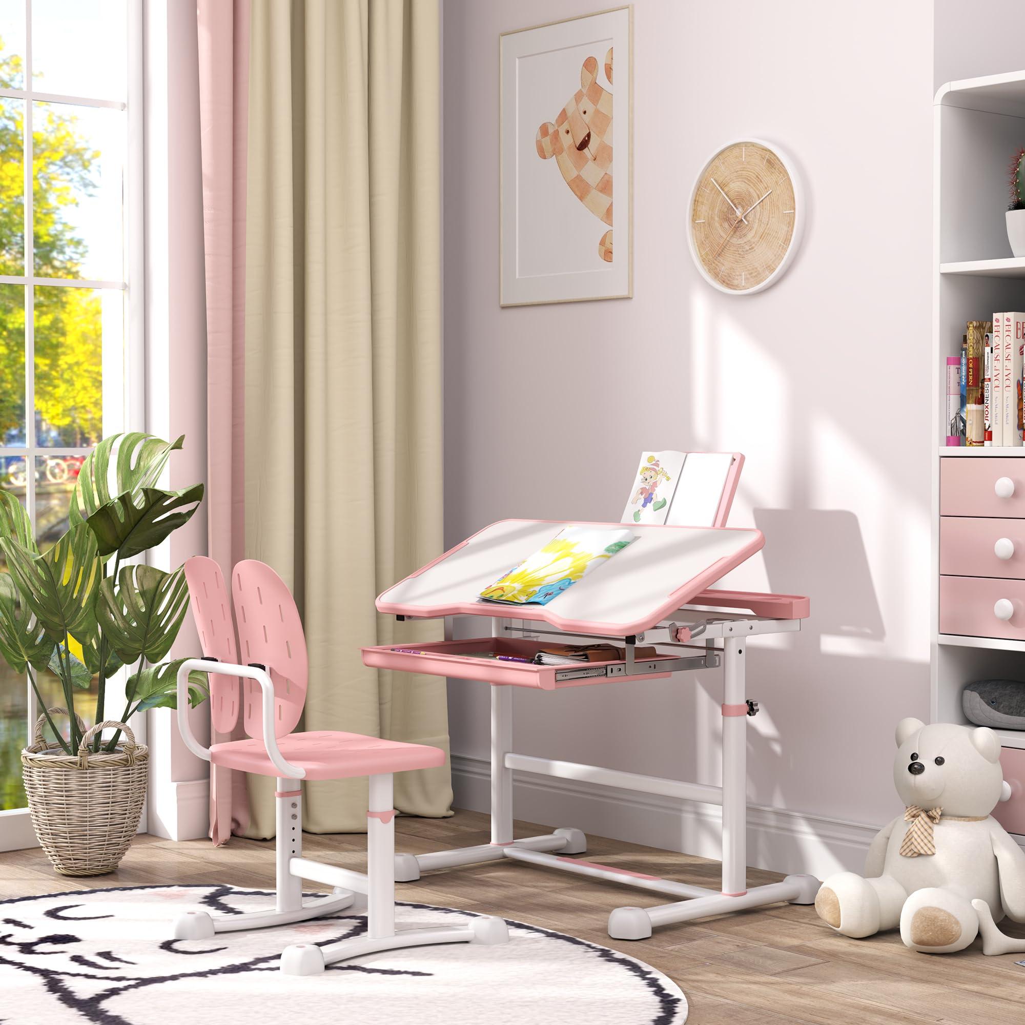 Qaba Adjustable Kids Desk and Chair Set with Storage Drawer & Book Stand - Ergonomic Study Desk for Writing, Reading, Drawing - Perfect for Homeschooling & Online Learning (Pink)