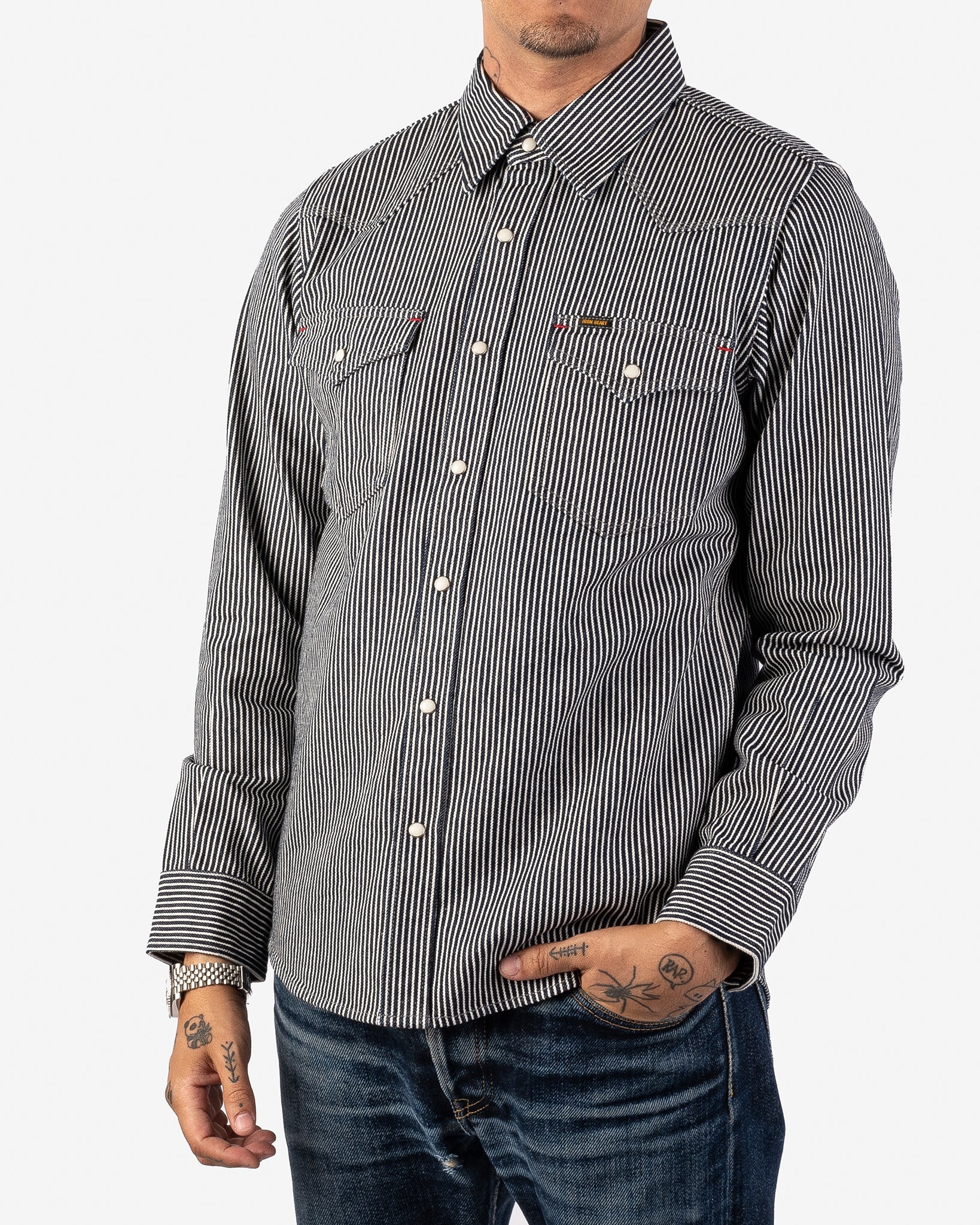Iron Heart IHSH-07 Indigo 12oz Hickory Stripe Western Shirt - Durable Denim Workwear for Cowboy Style & Outdoor Adventures