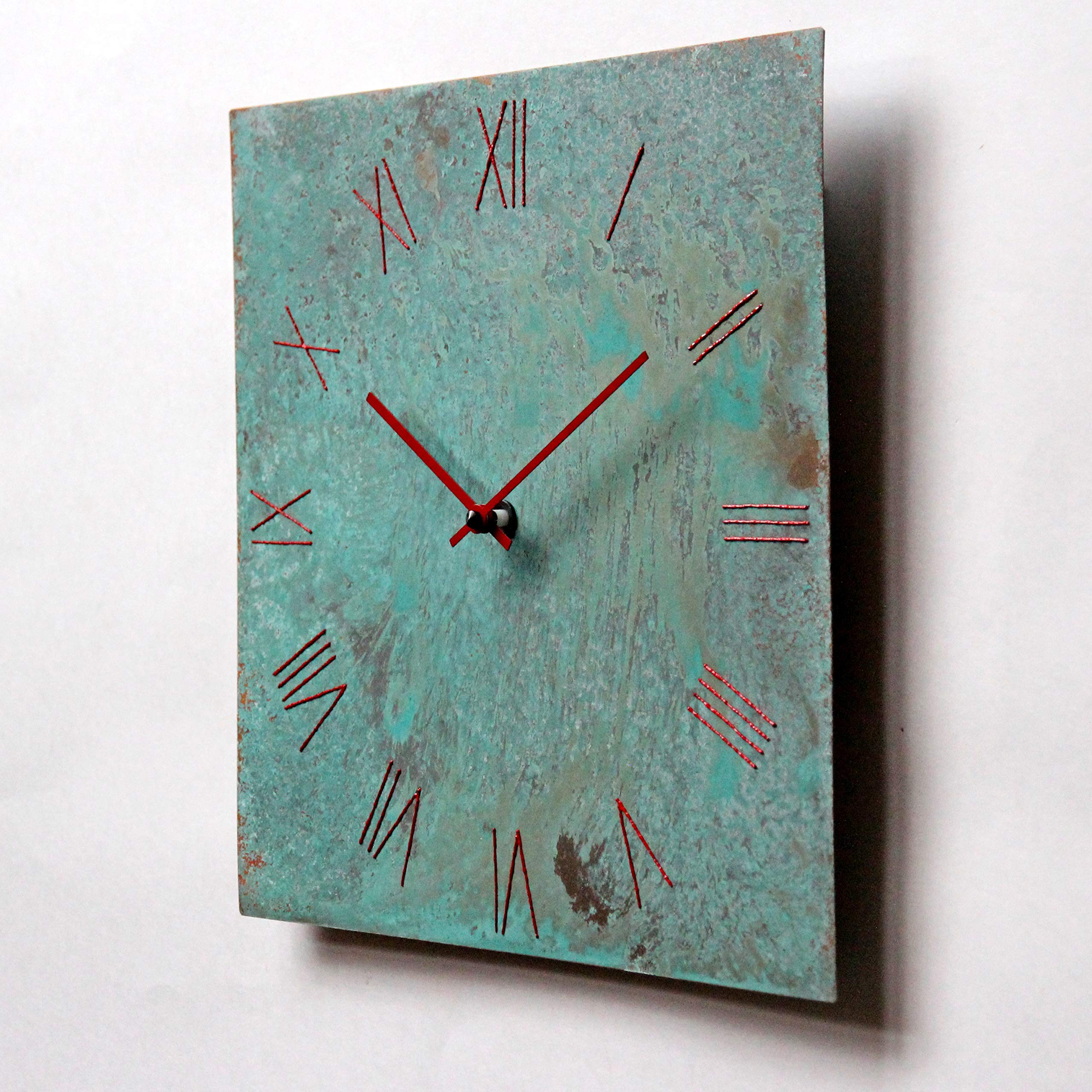 8-Inch Turquoise Copper Wall Clock - Large Square Silent Non-Ticking Handmade Rustic Decor | Perfect for Farmhouse, Southwest & Native American Style Homes | Ideal 7th Wedding Anniversary Gift for Kitchen, Living Room or Office Decor