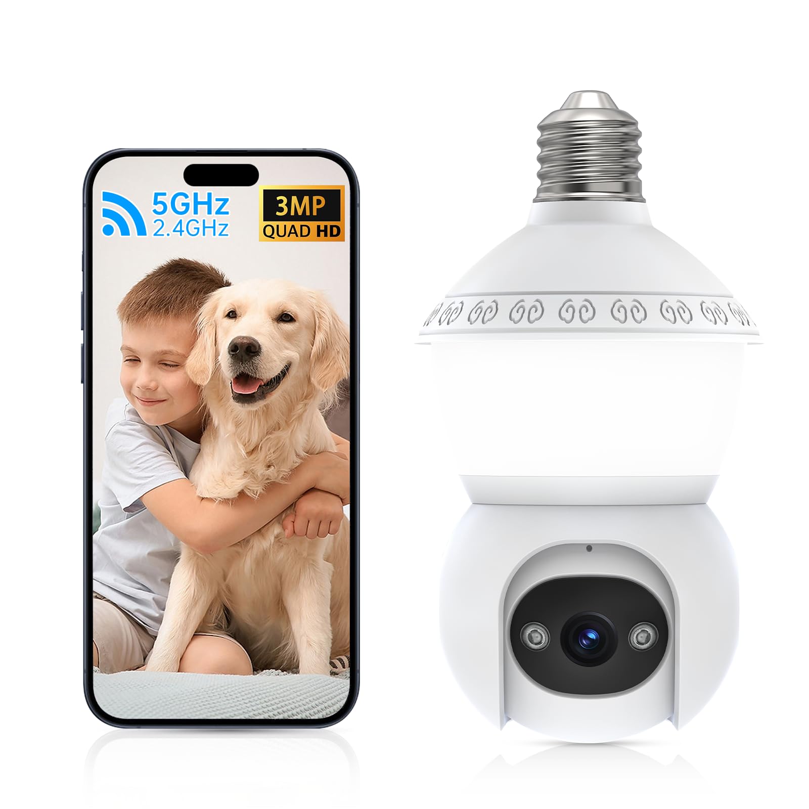 5G & 2.4G WiFi Wireless Outdoor Light Bulb Security Camera - 3MP HD 360° PTZ Smart Bulb Camera with AI Human Detection, Night Vision, 2-Way Audio & Cloud Storage - Perfect for Home Security, Garage Monitoring & Backyard Surveillance