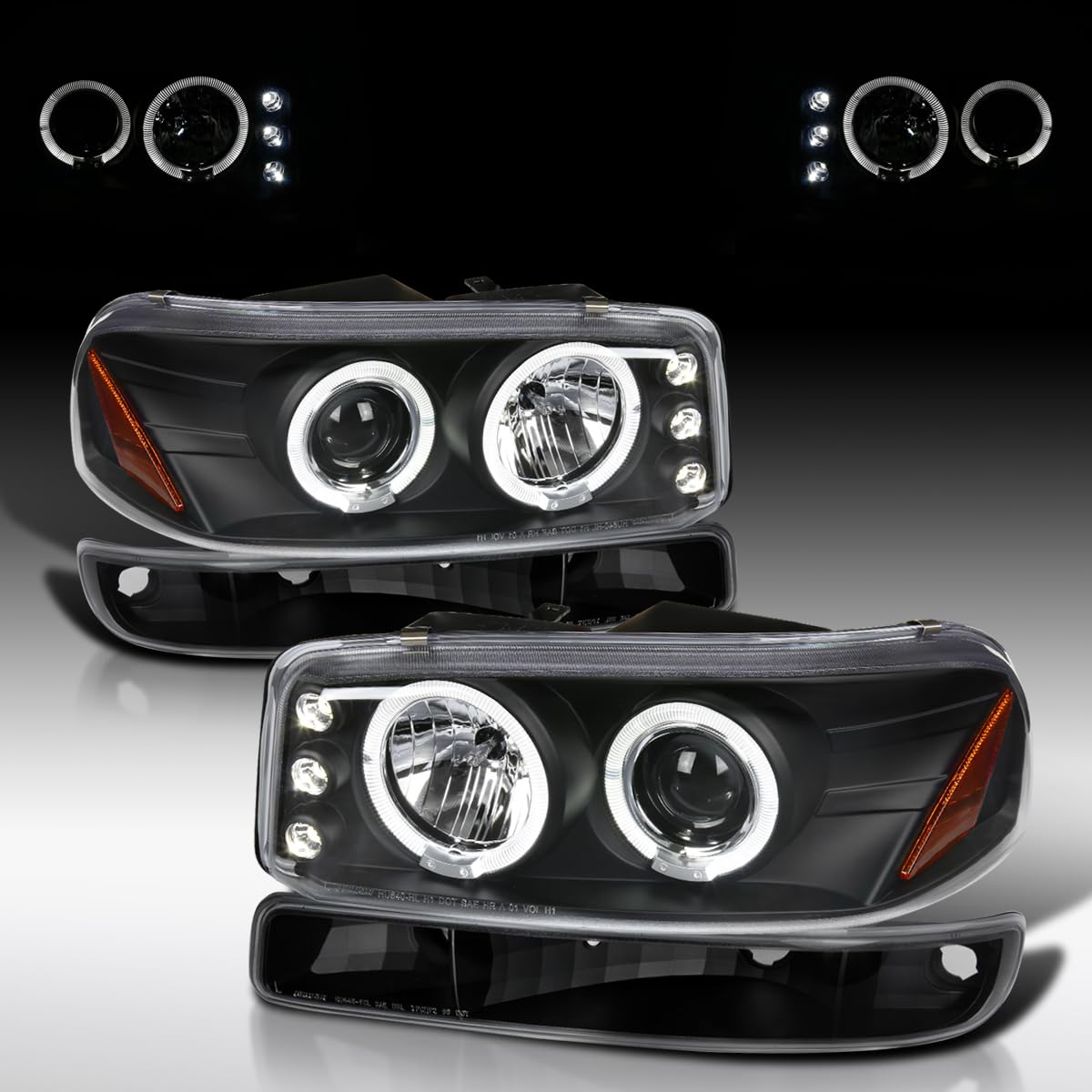AUTOZENSATION LED Headlights for 1999-2006 GMC Sierra 1500/2500/3500 - Black Housing Clear Lens Halo Projector Headlamps + Bumper Lights Pair (Left & Right) - Upgrade Your Truck Lighting for Night Driving & Off-Road Adventures