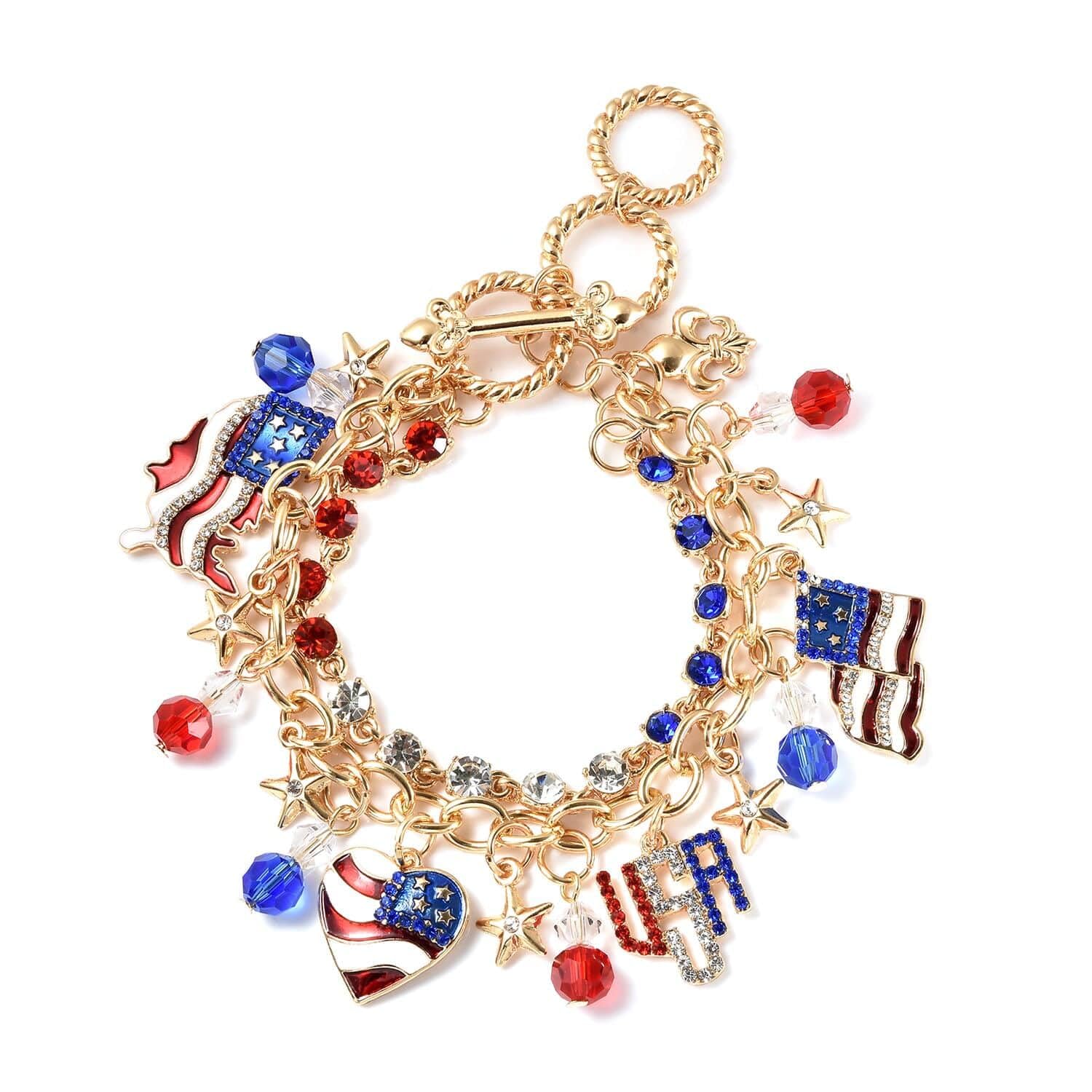 SHOP LC Multi-Color Crystal & Glass American Flag Bracelet for Women | Adjustable 8