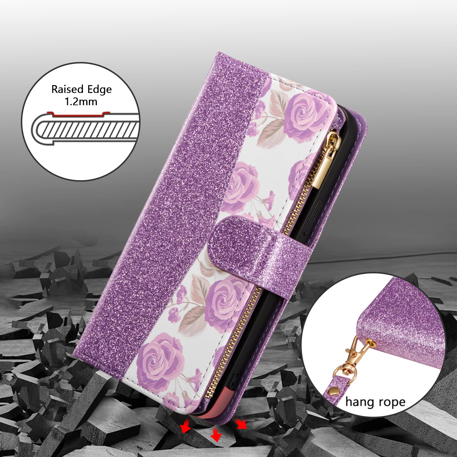 UEEBAI Wallet Case for iPhone 13 Pro Max - PU Leather Magnetic Closure with Zipper Pocket, Kickstand, Card Slots & Hand Strap | Rose Gold Flip Phone Case for Women (Bling Purple) - Perfect for Travel, Shopping & Everyday Use