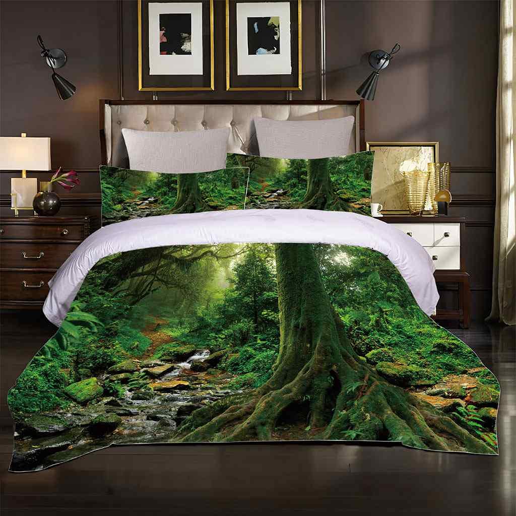 Queen Size 90x90 Inch IOCXSO Duvet Cover Set - Soft Microfiber Modern Bedding with Zipper Closure & Corner Ties, Includes 2 Pillow Shams (Green Woods Creek Design) for Cozy Bedroom Decor