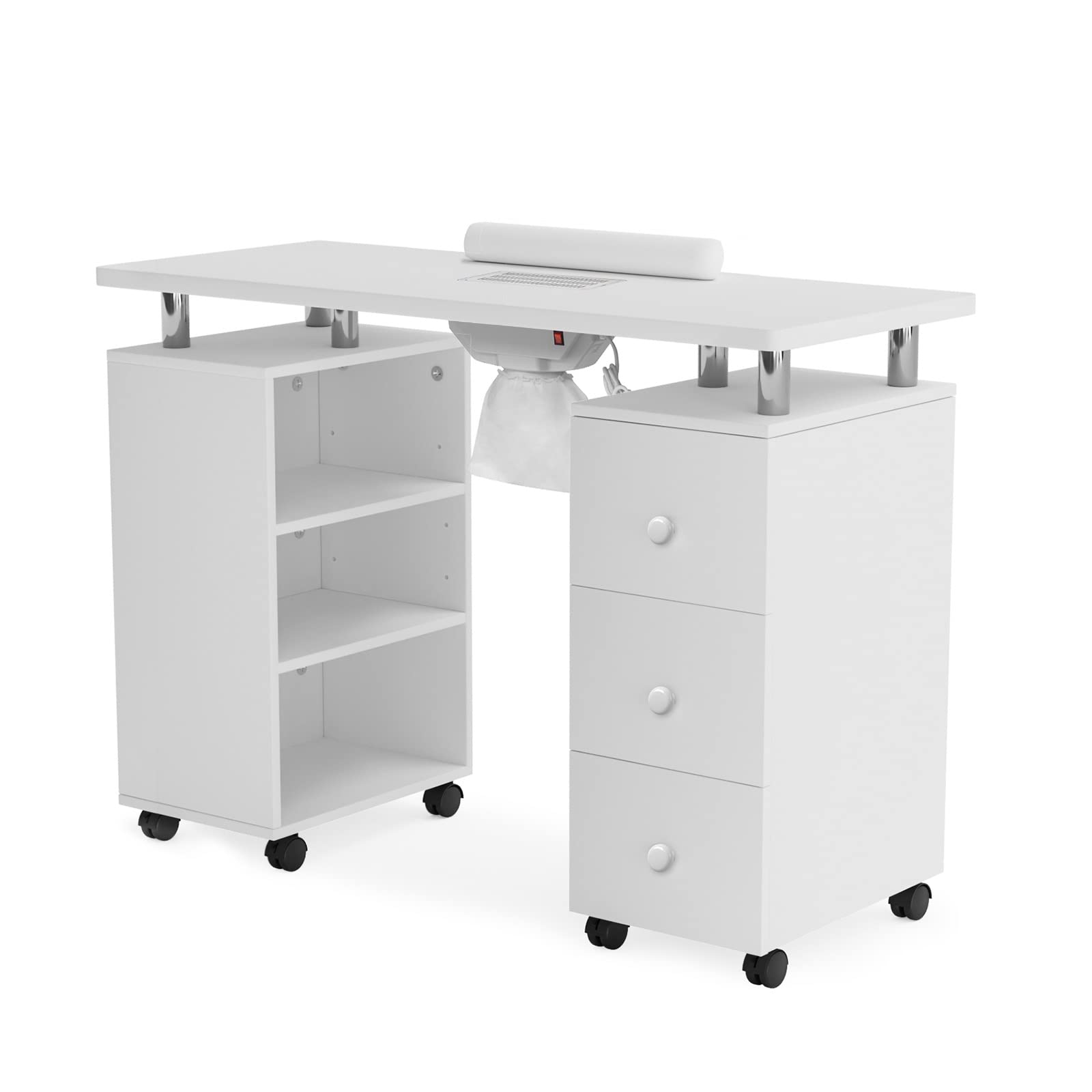 **OmySalon Professional Manicure Table with Electric Downdraft Ventilation - Adjustable Nail Tech Station for Beauty Salons, Includes Lockable Wheels, Wrist Cushion & Storage Shelves - Perfect for Nail Artists & Spa Professionals**    *(Use Cases: Ideal for nail salons, home studios, spa centers, and professional nail technicians seeking a hygienic and efficient workspace.)*