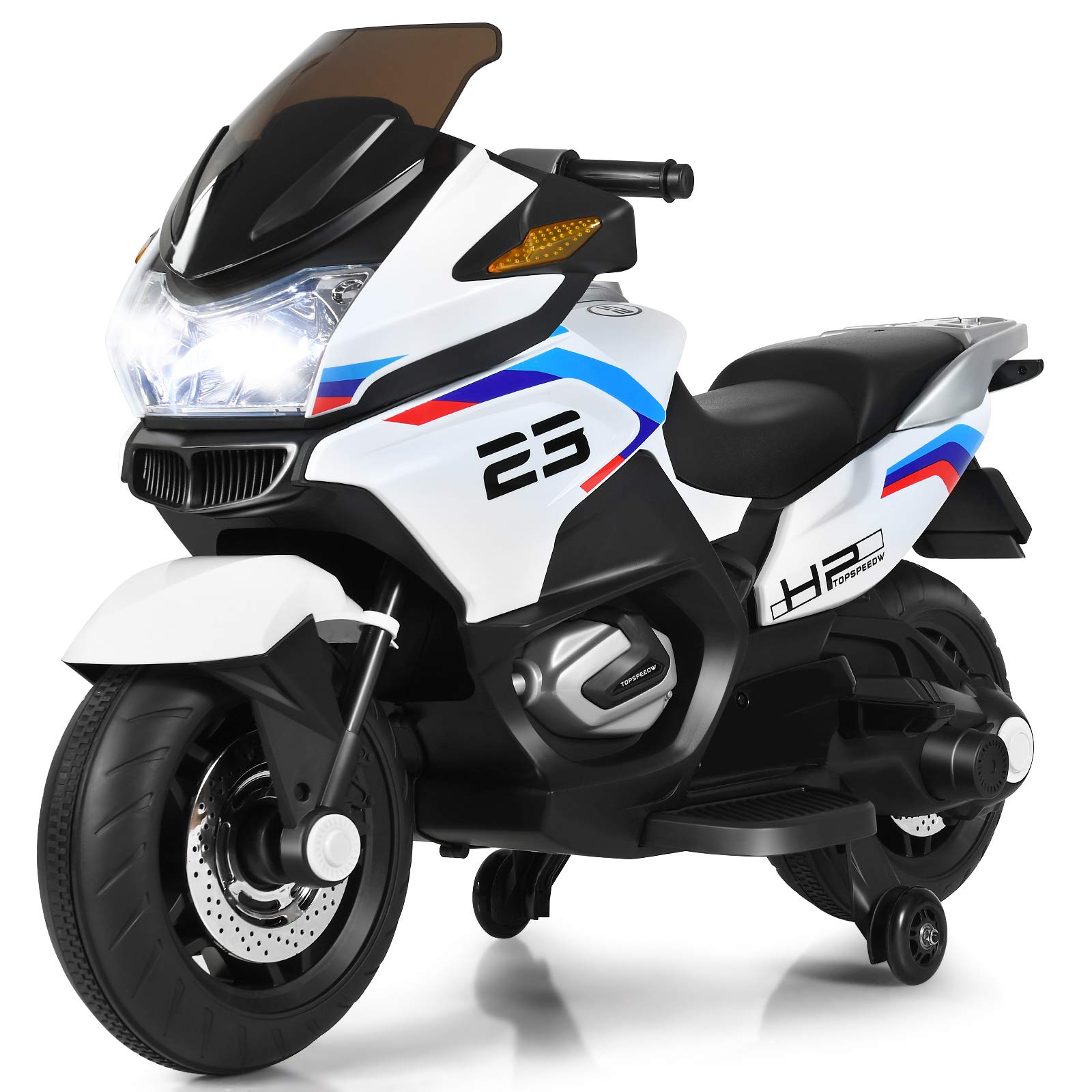 HONEY JOY 12V Kids Electric Motorcycle with Training Wheels - Battery Powered Ride On Toy for Boys & Girls Ages 3+, LED Lights, Foot Pedal & Spring Suspension - Perfect Birthday Gift for Outdoor & Indoor Play (White)
