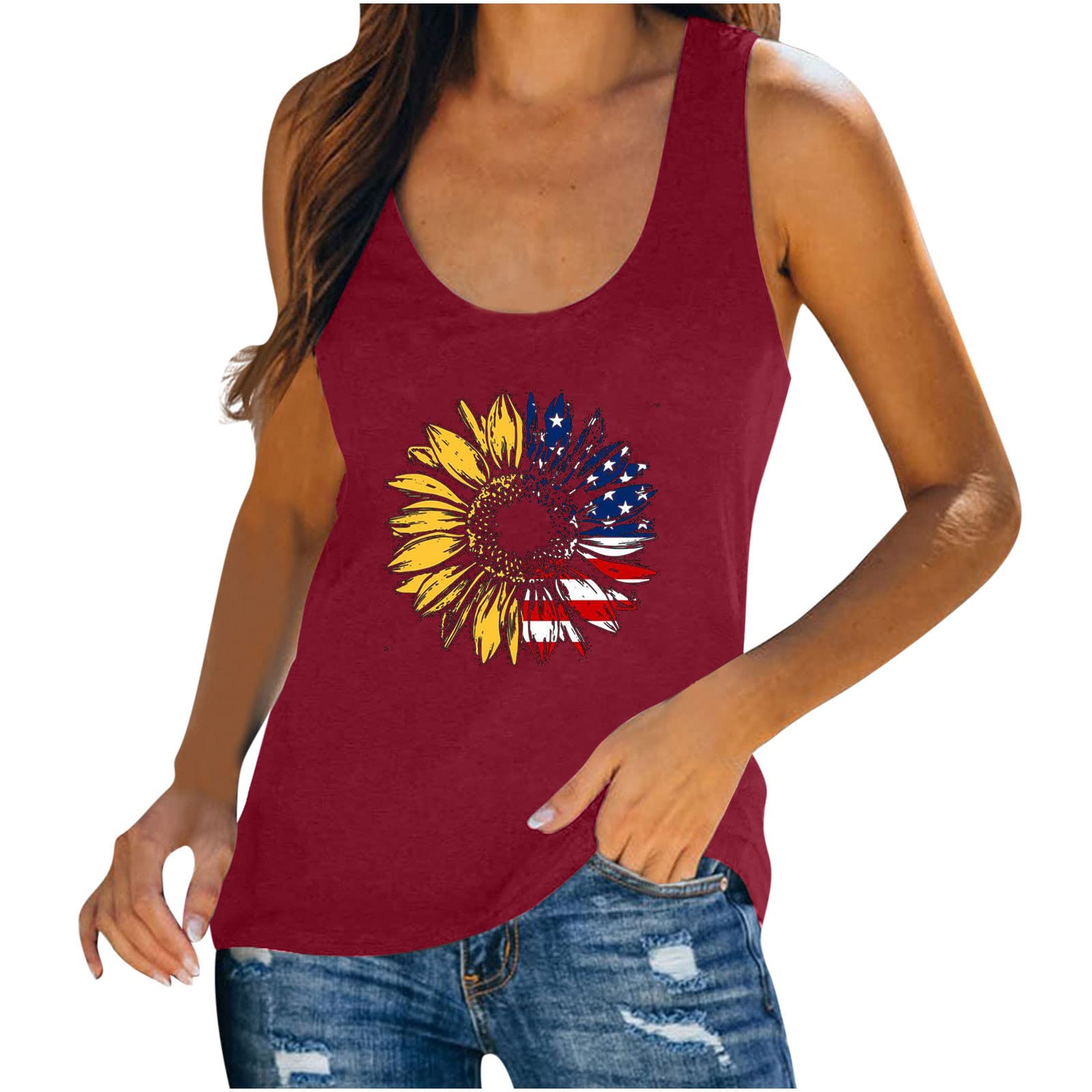 Women's 4th of July Tank Tops - USA Flag & Sunflower Print Casual Loose Fit Sleeveless Shirts | Perfect for Summer BBQs, Beach Outings & Patriotic Celebrations