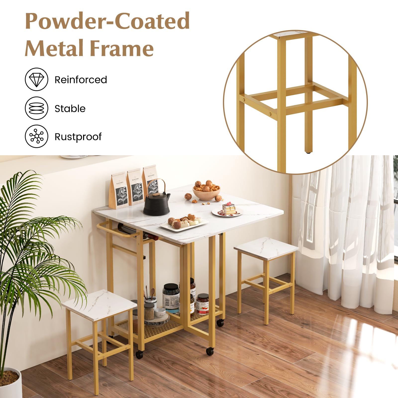 Giantex 3-Piece Extendable Folding Dining Table Set with 2 Stools, 6-Bottle Wine Rack & Storage Shelves - Space Saving Kitchen Table for Small Apartments, Breakfast Nooks & Compact Dining Areas