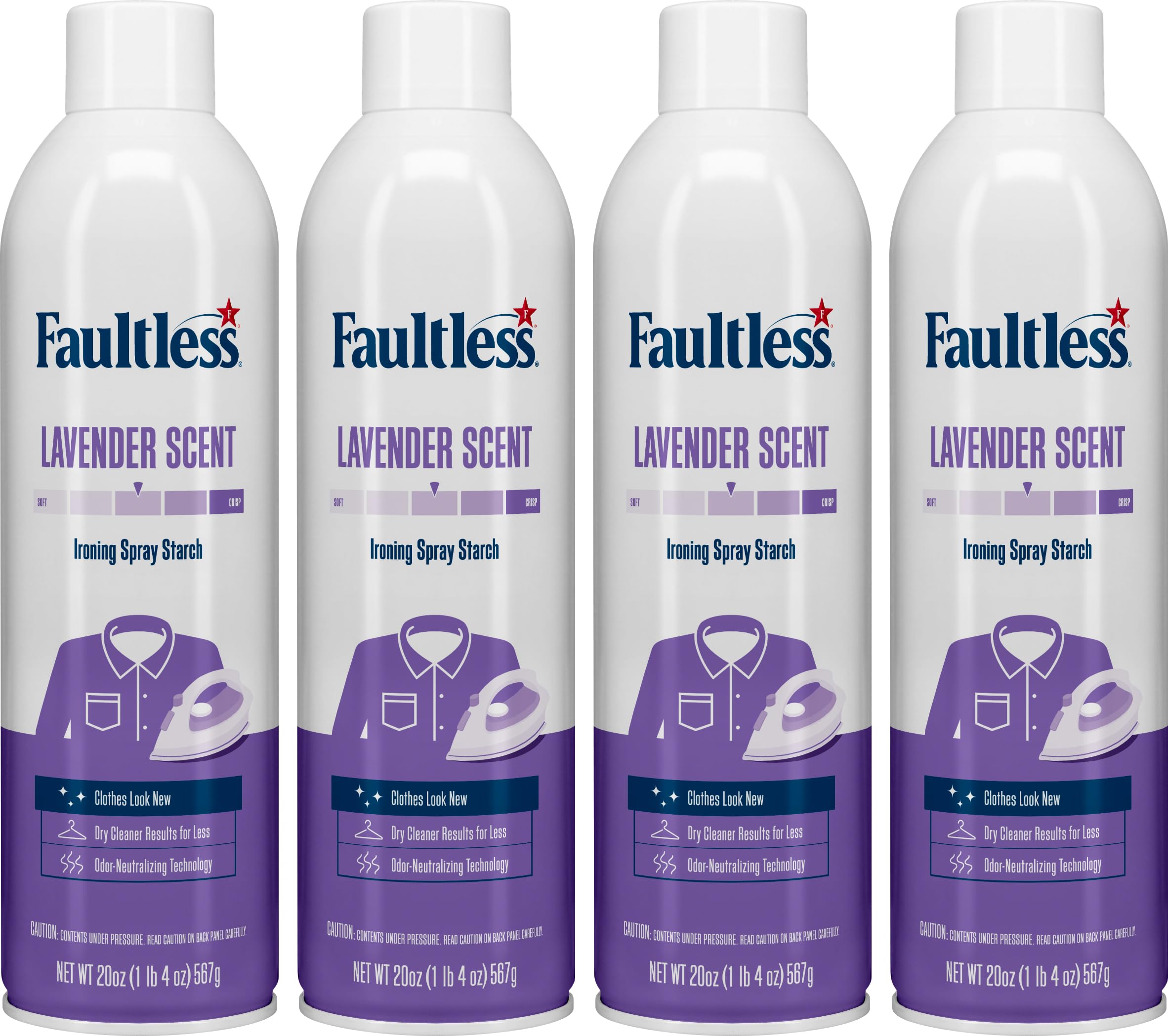 Faultless Lavender Spray Starch 20oz (Pack of 4) - No Residue Ironing Aid for Smooth Clothes & Fabrics | Perfect for Crisp Dress Shirts, Table Linens & Formal Wear