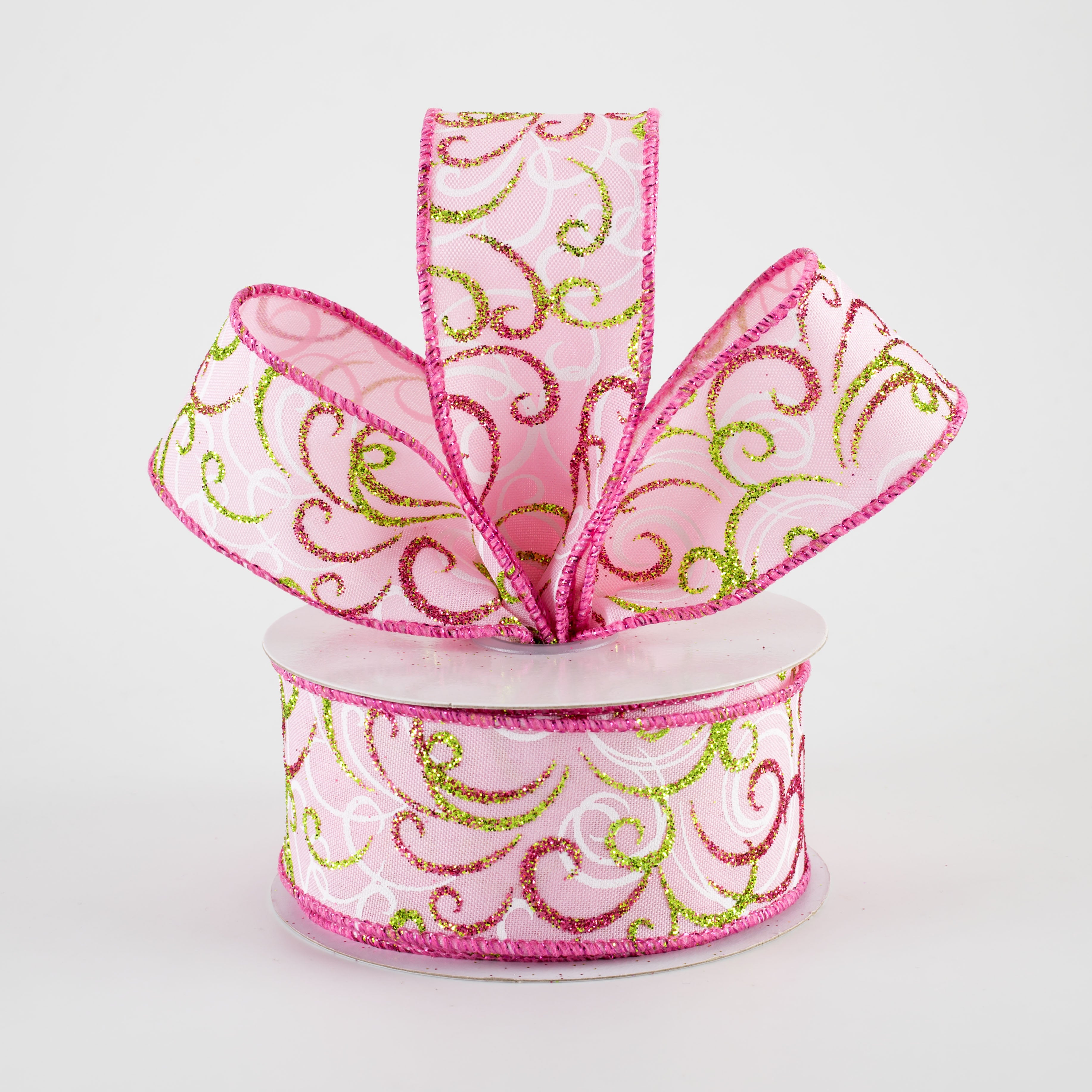 1.5 Inch Glittered Multi Swirls Ribbon - Fuchsia, White & Lime on Pink (10 Yards) - Perfect for Gift Wrapping, DIY Crafts, Party Decorations and Scrapbooking