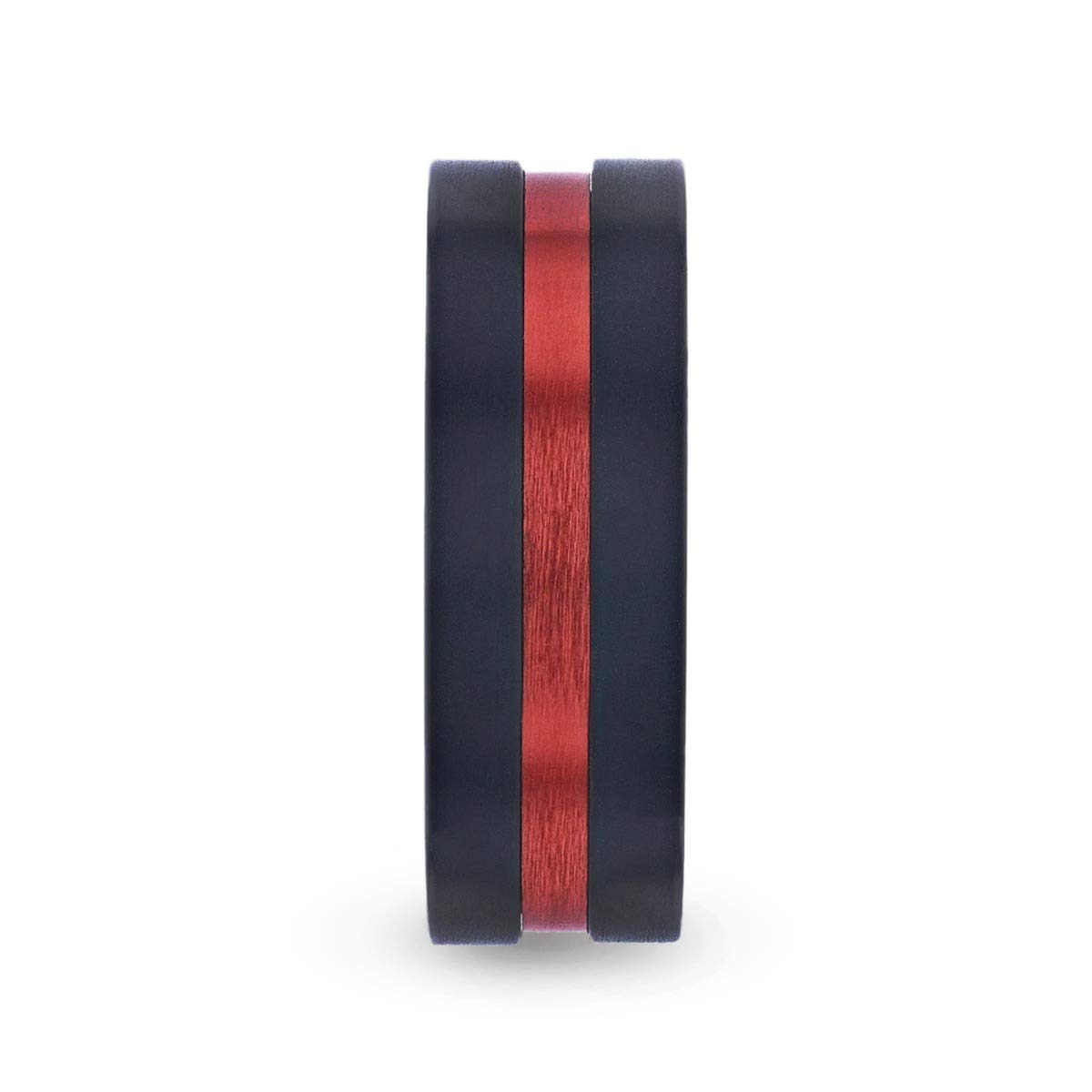 Blaze Flat Brushed Black Titanium Men's Wedding Band with Red Aluminum Groove - 8mm Comfort Fit Ring for Men, Perfect for Engagement, Anniversary & Everyday Wear