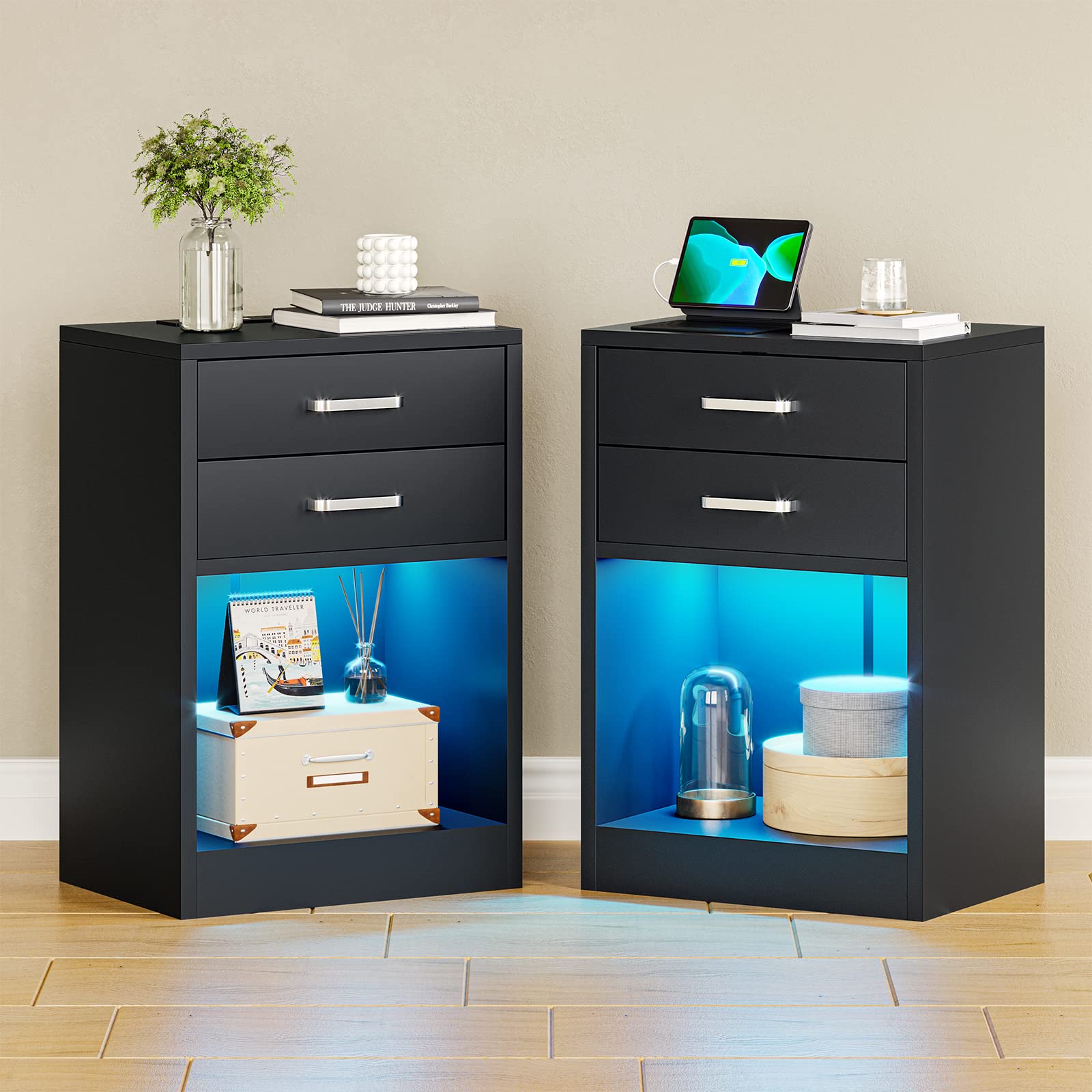 ADORNEVE Modern LED Nightstand Set of 2 - Bedside Tables with USB Charging Station, Power Outlets & Storage Drawers - Black Contemporary Bedroom Furniture for Home, Apartment, Dorm (Perfect for Reading, Phone Charging & Bedroom Organization)