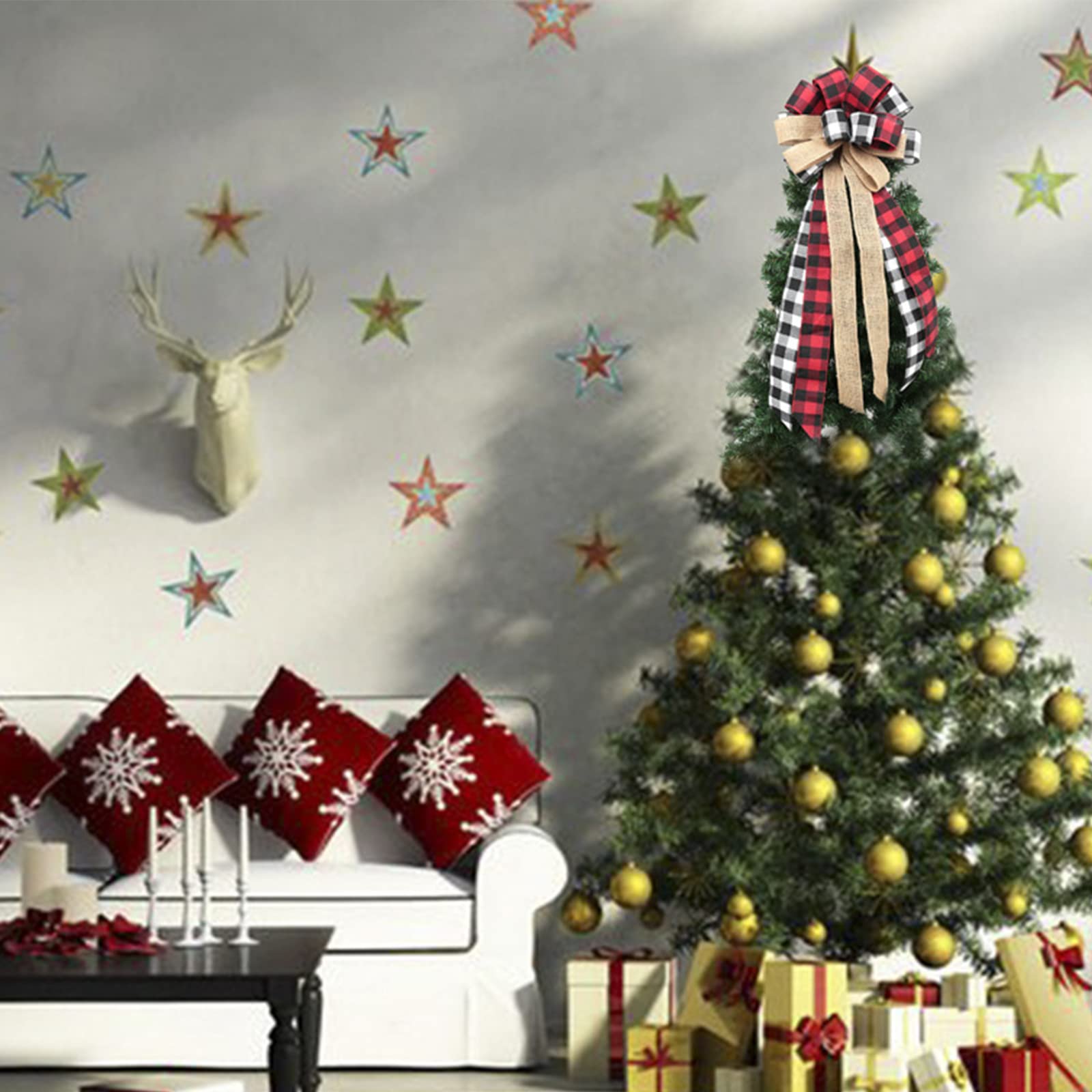 Red and Black Buffalo Plaid Christmas Tree Topper Bow with Streamers - Rustic Burlap Wreath Bow for Farmhouse Holiday Decor, Xmas Tree Topper, Christmas Party & Home Decoration (Red Plaid) - Perfect for Fireplace Mantels, Front Door Wreaths & Festive Tablescapes