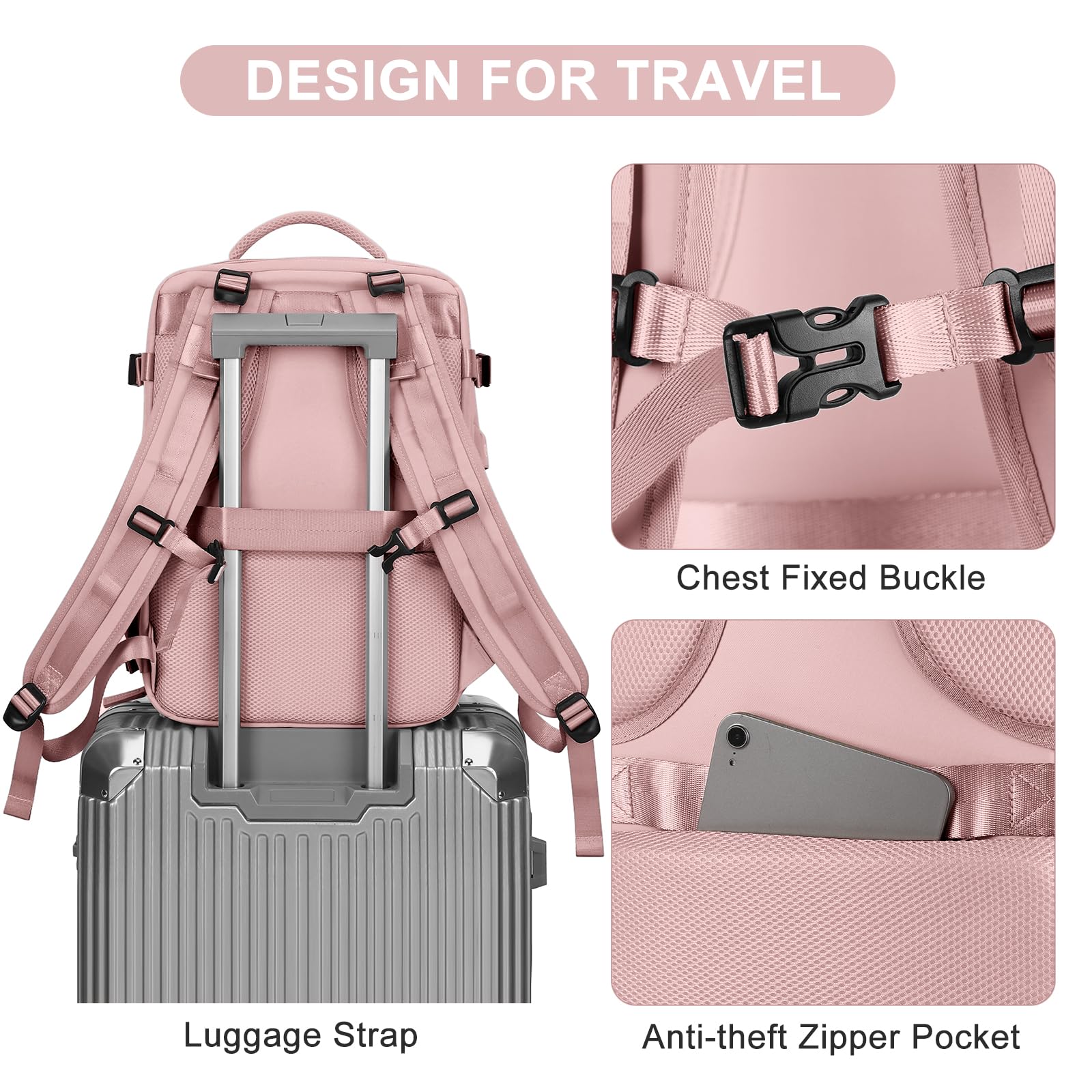Coofay Women's Airline Approved Carry On Backpack - Waterproof Travel Daypack for Hiking, Sports & Casual Use - Lightweight Small Personal Item Backpack (Pink) | Perfect for Flights, Commuting & Outdoor Adventures