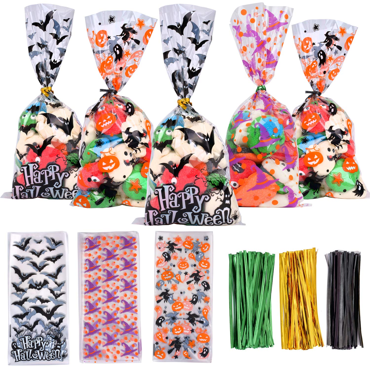 150 Pcs Halloween Cellophane Treat Bags - Bats, Pumpkins & Witch Design Candy Bags with 300 Twist Ties for Kids Halloween Party Favors, Trick or Treat, Classroom Treats & Holiday Gift Packaging